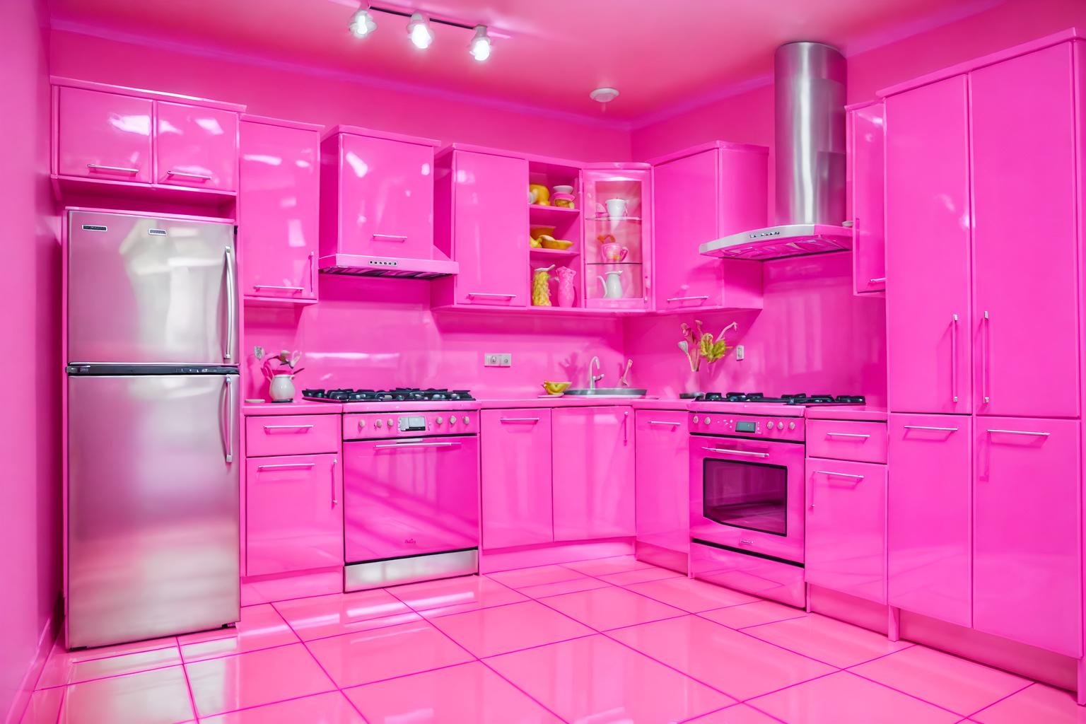 hot pink-style (kitchen interior) with kitchen cabinets and refrigerator and stove and sink and worktops and plant and kitchen cabinets. . with barbie bold rosy hues like fuchsia and magenta and hot pink barbie colors and barbie sofa and barbie plastic interior and hot pink barbie walls and barbie glitter and sparkle and barbie style interior and barbie chairs. . cinematic photo, highly detailed, cinematic lighting, ultra-detailed, ultrarealistic, photorealism, 8k. hot pink interior design style. masterpiece, cinematic light, ultrarealistic+, photorealistic+, 8k, raw photo, realistic, sharp focus on eyes, (symmetrical eyes), (intact eyes), hyperrealistic, highest quality, best quality, , highly detailed, masterpiece, best quality, extremely detailed 8k wallpaper, masterpiece, best quality, ultra-detailed, best shadow, detailed background, detailed face, detailed eyes, high contrast, best illumination, detailed face, dulux, caustic, dynamic angle, detailed glow. dramatic lighting. highly detailed, insanely detailed hair, symmetrical, intricate details, professionally retouched, 8k high definition. strong bokeh. award winning photo.