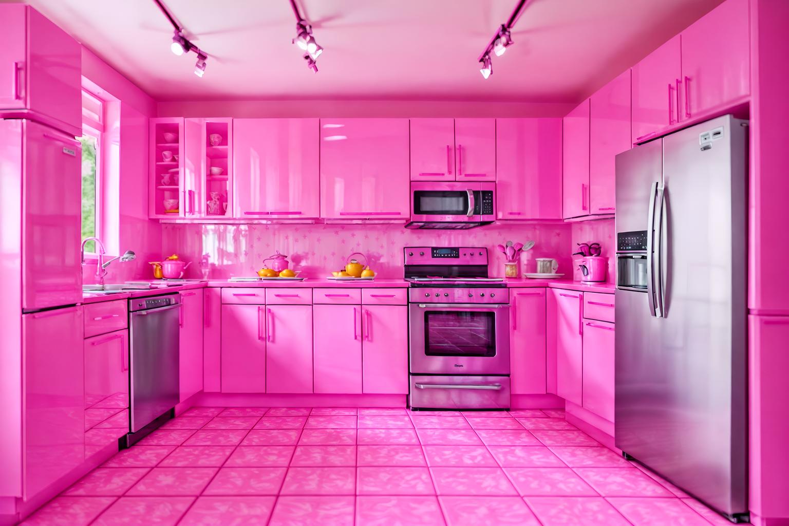 hot pink-style (kitchen interior) with kitchen cabinets and refrigerator and stove and sink and worktops and plant and kitchen cabinets. . with barbie bold rosy hues like fuchsia and magenta and hot pink barbie colors and barbie sofa and barbie plastic interior and hot pink barbie walls and barbie glitter and sparkle and barbie style interior and barbie chairs. . cinematic photo, highly detailed, cinematic lighting, ultra-detailed, ultrarealistic, photorealism, 8k. hot pink interior design style. masterpiece, cinematic light, ultrarealistic+, photorealistic+, 8k, raw photo, realistic, sharp focus on eyes, (symmetrical eyes), (intact eyes), hyperrealistic, highest quality, best quality, , highly detailed, masterpiece, best quality, extremely detailed 8k wallpaper, masterpiece, best quality, ultra-detailed, best shadow, detailed background, detailed face, detailed eyes, high contrast, best illumination, detailed face, dulux, caustic, dynamic angle, detailed glow. dramatic lighting. highly detailed, insanely detailed hair, symmetrical, intricate details, professionally retouched, 8k high definition. strong bokeh. award winning photo.