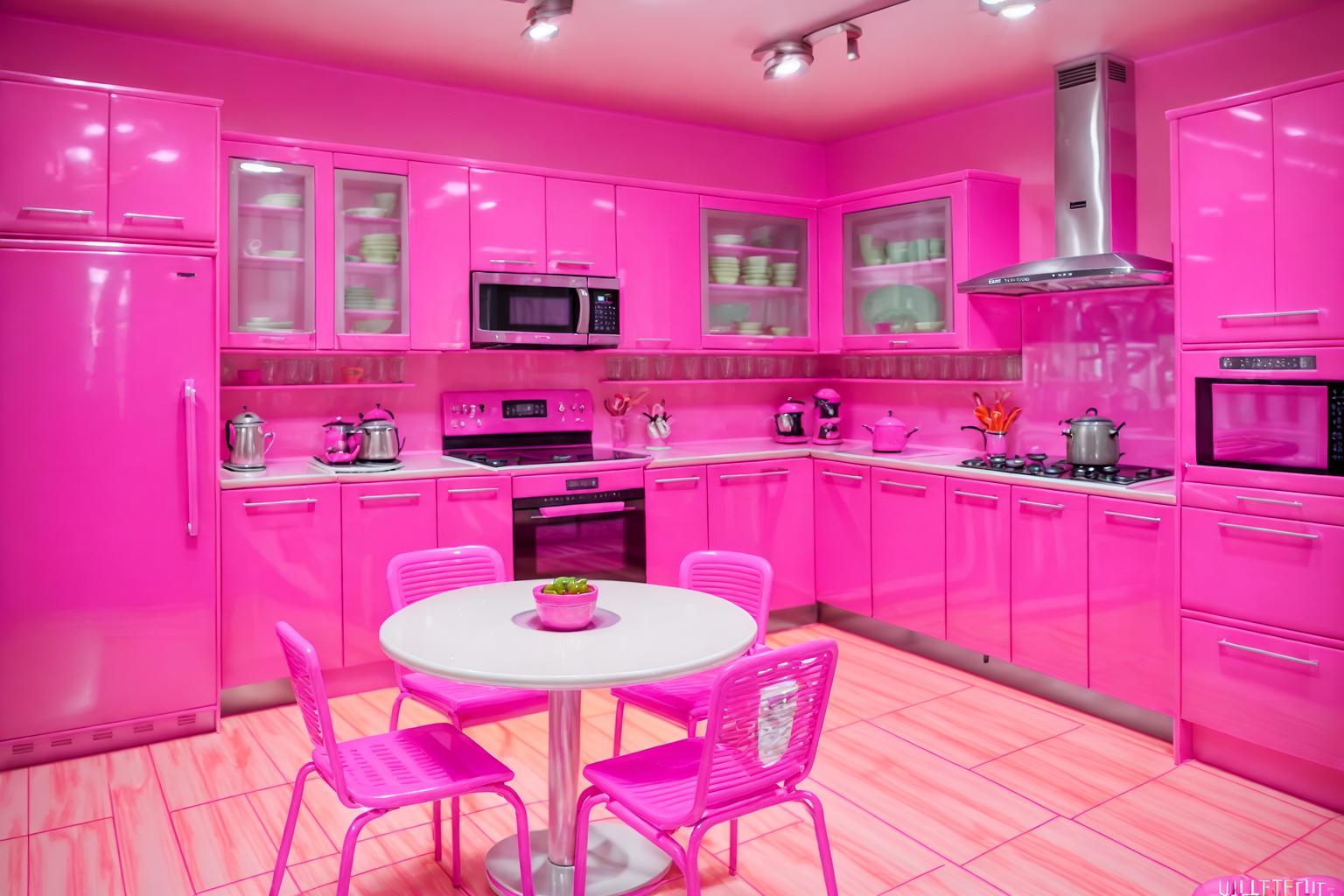 hot pink-style (kitchen interior) with kitchen cabinets and refrigerator and stove and sink and worktops and plant and kitchen cabinets. . with barbie bold rosy hues like fuchsia and magenta and hot pink barbie colors and barbie sofa and barbie plastic interior and hot pink barbie walls and barbie glitter and sparkle and barbie style interior and barbie chairs. . cinematic photo, highly detailed, cinematic lighting, ultra-detailed, ultrarealistic, photorealism, 8k. hot pink interior design style. masterpiece, cinematic light, ultrarealistic+, photorealistic+, 8k, raw photo, realistic, sharp focus on eyes, (symmetrical eyes), (intact eyes), hyperrealistic, highest quality, best quality, , highly detailed, masterpiece, best quality, extremely detailed 8k wallpaper, masterpiece, best quality, ultra-detailed, best shadow, detailed background, detailed face, detailed eyes, high contrast, best illumination, detailed face, dulux, caustic, dynamic angle, detailed glow. dramatic lighting. highly detailed, insanely detailed hair, symmetrical, intricate details, professionally retouched, 8k high definition. strong bokeh. award winning photo.