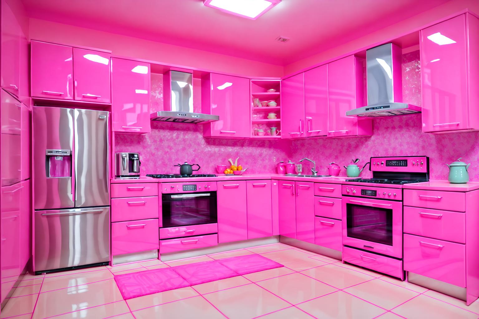 hot pink-style (kitchen interior) with kitchen cabinets and refrigerator and stove and sink and worktops and plant and kitchen cabinets. . with barbie bold rosy hues like fuchsia and magenta and hot pink barbie colors and barbie sofa and barbie plastic interior and hot pink barbie walls and barbie glitter and sparkle and barbie style interior and barbie chairs. . cinematic photo, highly detailed, cinematic lighting, ultra-detailed, ultrarealistic, photorealism, 8k. hot pink interior design style. masterpiece, cinematic light, ultrarealistic+, photorealistic+, 8k, raw photo, realistic, sharp focus on eyes, (symmetrical eyes), (intact eyes), hyperrealistic, highest quality, best quality, , highly detailed, masterpiece, best quality, extremely detailed 8k wallpaper, masterpiece, best quality, ultra-detailed, best shadow, detailed background, detailed face, detailed eyes, high contrast, best illumination, detailed face, dulux, caustic, dynamic angle, detailed glow. dramatic lighting. highly detailed, insanely detailed hair, symmetrical, intricate details, professionally retouched, 8k high definition. strong bokeh. award winning photo.