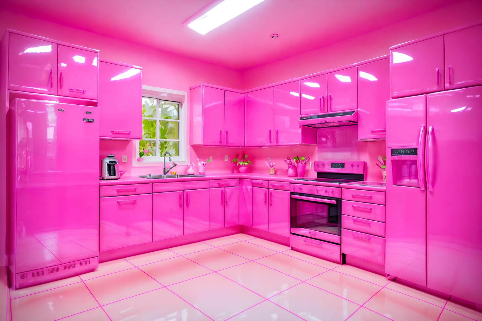 hot pink-style (kitchen interior) with kitchen cabinets and refrigerator and stove and sink and worktops and plant and kitchen cabinets. . with barbie bold rosy hues like fuchsia and magenta and hot pink barbie colors and barbie sofa and barbie plastic interior and hot pink barbie walls and barbie glitter and sparkle and barbie style interior and barbie chairs. . cinematic photo, highly detailed, cinematic lighting, ultra-detailed, ultrarealistic, photorealism, 8k. hot pink interior design style. masterpiece, cinematic light, ultrarealistic+, photorealistic+, 8k, raw photo, realistic, sharp focus on eyes, (symmetrical eyes), (intact eyes), hyperrealistic, highest quality, best quality, , highly detailed, masterpiece, best quality, extremely detailed 8k wallpaper, masterpiece, best quality, ultra-detailed, best shadow, detailed background, detailed face, detailed eyes, high contrast, best illumination, detailed face, dulux, caustic, dynamic angle, detailed glow. dramatic lighting. highly detailed, insanely detailed hair, symmetrical, intricate details, professionally retouched, 8k high definition. strong bokeh. award winning photo.