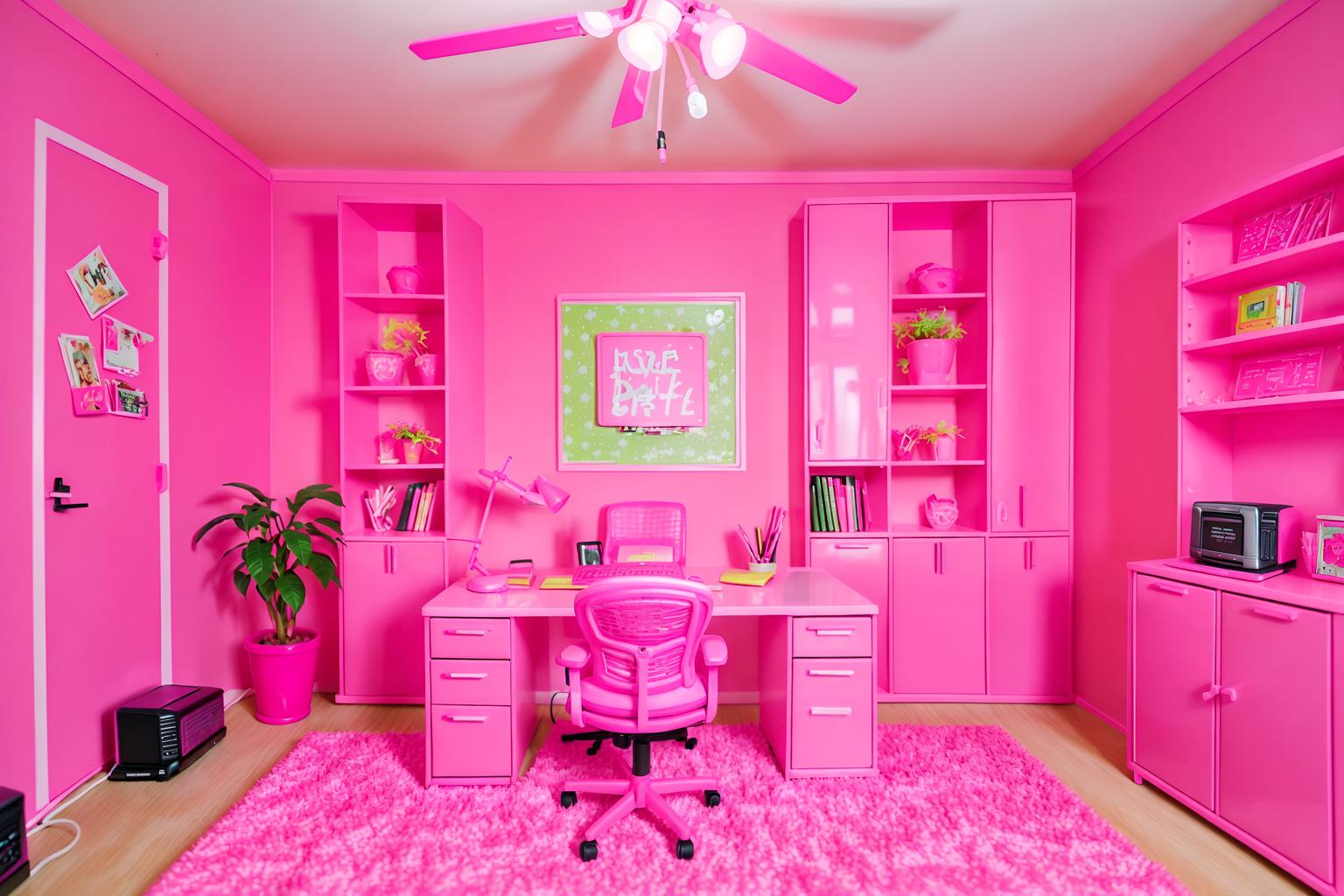 hot pink-style (home office interior) with office chair and computer desk and plant and desk lamp and cabinets and office chair. . with barbie style interior and barbie glitter and sparkle and hot pink barbie colors and barbie plastic interior and barbie bold rosy hues like fuchsia and magenta and barbie closet and hot pink barbie walls and barbie chairs. . cinematic photo, highly detailed, cinematic lighting, ultra-detailed, ultrarealistic, photorealism, 8k. hot pink interior design style. masterpiece, cinematic light, ultrarealistic+, photorealistic+, 8k, raw photo, realistic, sharp focus on eyes, (symmetrical eyes), (intact eyes), hyperrealistic, highest quality, best quality, , highly detailed, masterpiece, best quality, extremely detailed 8k wallpaper, masterpiece, best quality, ultra-detailed, best shadow, detailed background, detailed face, detailed eyes, high contrast, best illumination, detailed face, dulux, caustic, dynamic angle, detailed glow. dramatic lighting. highly detailed, insanely detailed hair, symmetrical, intricate details, professionally retouched, 8k high definition. strong bokeh. award winning photo.