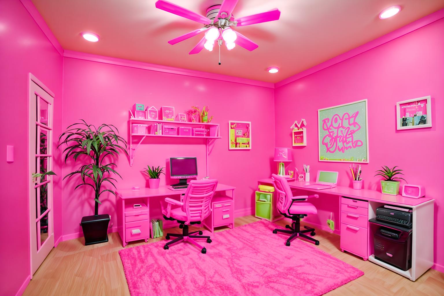 hot pink-style (home office interior) with office chair and computer desk and plant and desk lamp and cabinets and office chair. . with barbie style interior and barbie glitter and sparkle and hot pink barbie colors and barbie plastic interior and barbie bold rosy hues like fuchsia and magenta and barbie closet and hot pink barbie walls and barbie chairs. . cinematic photo, highly detailed, cinematic lighting, ultra-detailed, ultrarealistic, photorealism, 8k. hot pink interior design style. masterpiece, cinematic light, ultrarealistic+, photorealistic+, 8k, raw photo, realistic, sharp focus on eyes, (symmetrical eyes), (intact eyes), hyperrealistic, highest quality, best quality, , highly detailed, masterpiece, best quality, extremely detailed 8k wallpaper, masterpiece, best quality, ultra-detailed, best shadow, detailed background, detailed face, detailed eyes, high contrast, best illumination, detailed face, dulux, caustic, dynamic angle, detailed glow. dramatic lighting. highly detailed, insanely detailed hair, symmetrical, intricate details, professionally retouched, 8k high definition. strong bokeh. award winning photo.
