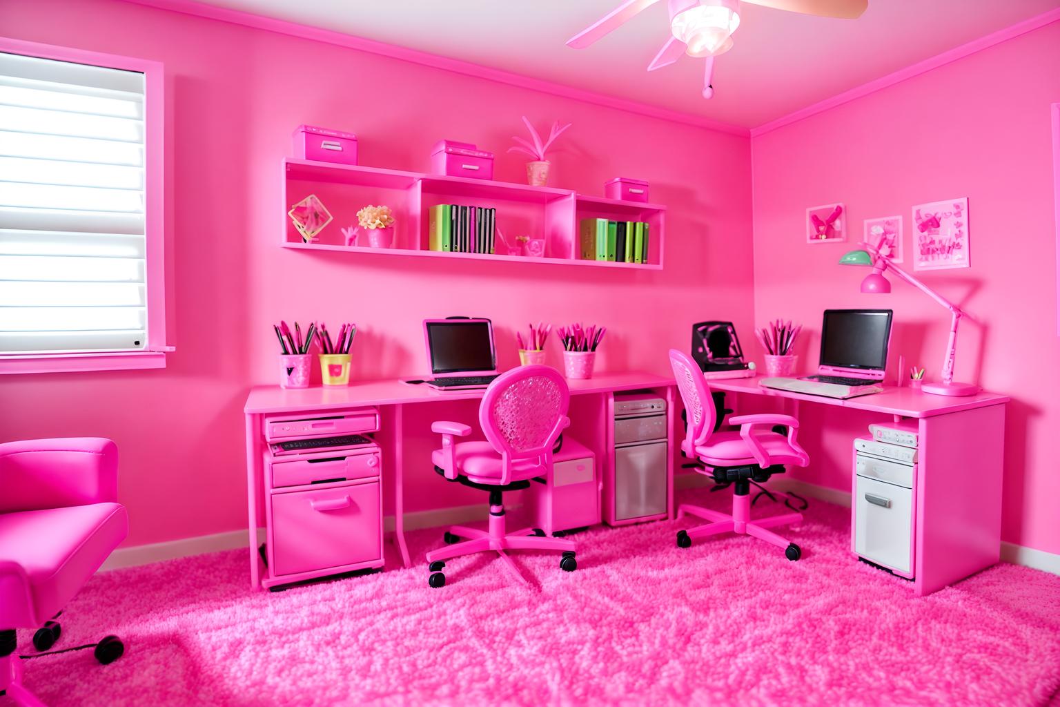 hot pink-style (home office interior) with office chair and computer desk and plant and desk lamp and cabinets and office chair. . with barbie style interior and barbie glitter and sparkle and hot pink barbie colors and barbie plastic interior and barbie bold rosy hues like fuchsia and magenta and barbie closet and hot pink barbie walls and barbie chairs. . cinematic photo, highly detailed, cinematic lighting, ultra-detailed, ultrarealistic, photorealism, 8k. hot pink interior design style. masterpiece, cinematic light, ultrarealistic+, photorealistic+, 8k, raw photo, realistic, sharp focus on eyes, (symmetrical eyes), (intact eyes), hyperrealistic, highest quality, best quality, , highly detailed, masterpiece, best quality, extremely detailed 8k wallpaper, masterpiece, best quality, ultra-detailed, best shadow, detailed background, detailed face, detailed eyes, high contrast, best illumination, detailed face, dulux, caustic, dynamic angle, detailed glow. dramatic lighting. highly detailed, insanely detailed hair, symmetrical, intricate details, professionally retouched, 8k high definition. strong bokeh. award winning photo.