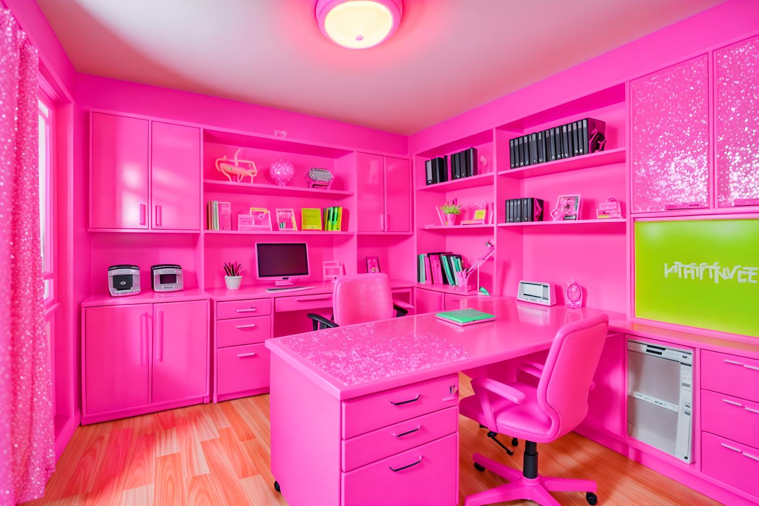 hot pink-style (home office interior) with office chair and computer desk and plant and desk lamp and cabinets and office chair. . with barbie style interior and barbie glitter and sparkle and hot pink barbie colors and barbie plastic interior and barbie bold rosy hues like fuchsia and magenta and barbie closet and hot pink barbie walls and barbie chairs. . cinematic photo, highly detailed, cinematic lighting, ultra-detailed, ultrarealistic, photorealism, 8k. hot pink interior design style. masterpiece, cinematic light, ultrarealistic+, photorealistic+, 8k, raw photo, realistic, sharp focus on eyes, (symmetrical eyes), (intact eyes), hyperrealistic, highest quality, best quality, , highly detailed, masterpiece, best quality, extremely detailed 8k wallpaper, masterpiece, best quality, ultra-detailed, best shadow, detailed background, detailed face, detailed eyes, high contrast, best illumination, detailed face, dulux, caustic, dynamic angle, detailed glow. dramatic lighting. highly detailed, insanely detailed hair, symmetrical, intricate details, professionally retouched, 8k high definition. strong bokeh. award winning photo.