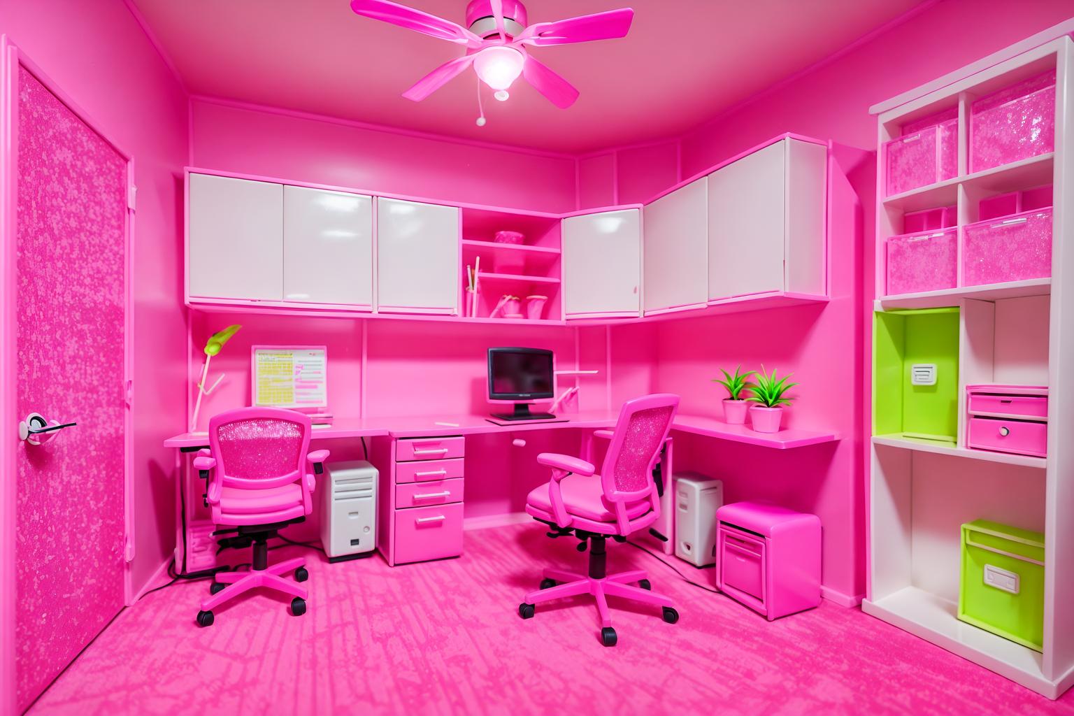 hot pink-style (home office interior) with office chair and computer desk and plant and desk lamp and cabinets and office chair. . with barbie style interior and barbie glitter and sparkle and hot pink barbie colors and barbie plastic interior and barbie bold rosy hues like fuchsia and magenta and barbie closet and hot pink barbie walls and barbie chairs. . cinematic photo, highly detailed, cinematic lighting, ultra-detailed, ultrarealistic, photorealism, 8k. hot pink interior design style. masterpiece, cinematic light, ultrarealistic+, photorealistic+, 8k, raw photo, realistic, sharp focus on eyes, (symmetrical eyes), (intact eyes), hyperrealistic, highest quality, best quality, , highly detailed, masterpiece, best quality, extremely detailed 8k wallpaper, masterpiece, best quality, ultra-detailed, best shadow, detailed background, detailed face, detailed eyes, high contrast, best illumination, detailed face, dulux, caustic, dynamic angle, detailed glow. dramatic lighting. highly detailed, insanely detailed hair, symmetrical, intricate details, professionally retouched, 8k high definition. strong bokeh. award winning photo.