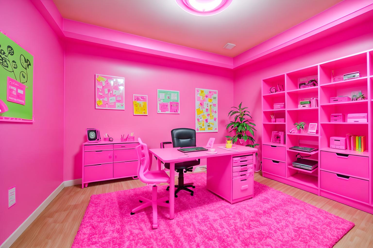 hot pink-style (home office interior) with office chair and computer desk and plant and desk lamp and cabinets and office chair. . with barbie style interior and barbie glitter and sparkle and hot pink barbie colors and barbie plastic interior and barbie bold rosy hues like fuchsia and magenta and barbie closet and hot pink barbie walls and barbie chairs. . cinematic photo, highly detailed, cinematic lighting, ultra-detailed, ultrarealistic, photorealism, 8k. hot pink interior design style. masterpiece, cinematic light, ultrarealistic+, photorealistic+, 8k, raw photo, realistic, sharp focus on eyes, (symmetrical eyes), (intact eyes), hyperrealistic, highest quality, best quality, , highly detailed, masterpiece, best quality, extremely detailed 8k wallpaper, masterpiece, best quality, ultra-detailed, best shadow, detailed background, detailed face, detailed eyes, high contrast, best illumination, detailed face, dulux, caustic, dynamic angle, detailed glow. dramatic lighting. highly detailed, insanely detailed hair, symmetrical, intricate details, professionally retouched, 8k high definition. strong bokeh. award winning photo.