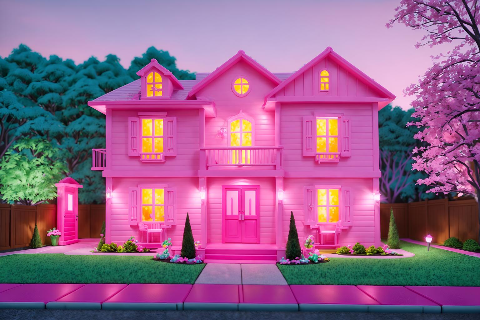 hot pink-style exterior designed (house exterior exterior) . with barbie closet and barbie glitter and sparkle and barbie plastic exterior and barbie bold rosy hues like fuchsia and magenta and hot pink barbie colors and barbie sofa and barbie chairs and hot pink barbie walls. . cinematic photo, highly detailed, cinematic lighting, ultra-detailed, ultrarealistic, photorealism, 8k. hot pink exterior design style. masterpiece, cinematic light, ultrarealistic+, photorealistic+, 8k, raw photo, realistic, sharp focus on eyes, (symmetrical eyes), (intact eyes), hyperrealistic, highest quality, best quality, , highly detailed, masterpiece, best quality, extremely detailed 8k wallpaper, masterpiece, best quality, ultra-detailed, best shadow, detailed background, detailed face, detailed eyes, high contrast, best illumination, detailed face, dulux, caustic, dynamic angle, detailed glow. dramatic lighting. highly detailed, insanely detailed hair, symmetrical, intricate details, professionally retouched, 8k high definition. strong bokeh. award winning photo.