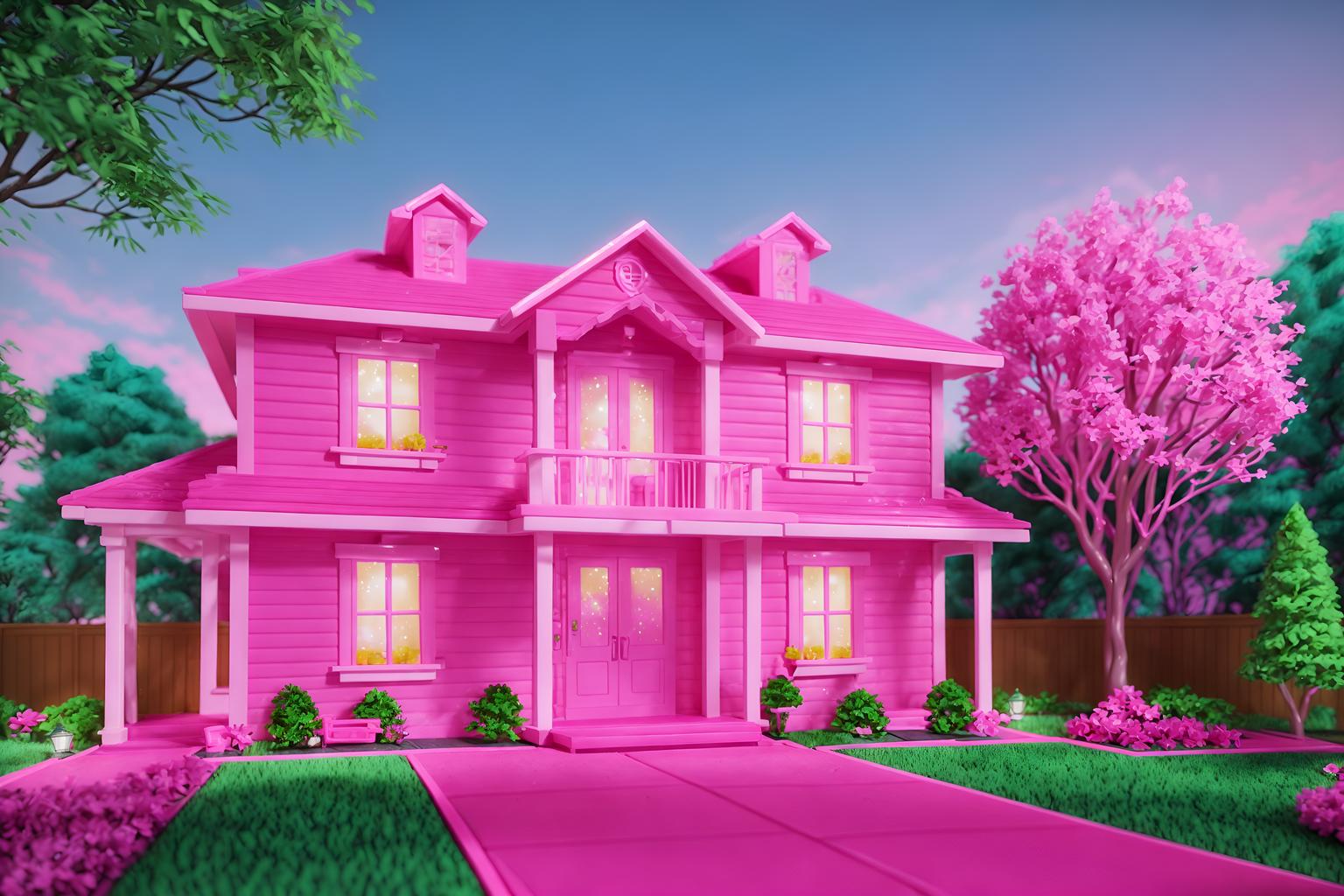 hot pink-style exterior designed (house exterior exterior) . with barbie closet and barbie glitter and sparkle and barbie plastic exterior and barbie bold rosy hues like fuchsia and magenta and hot pink barbie colors and barbie sofa and barbie chairs and hot pink barbie walls. . cinematic photo, highly detailed, cinematic lighting, ultra-detailed, ultrarealistic, photorealism, 8k. hot pink exterior design style. masterpiece, cinematic light, ultrarealistic+, photorealistic+, 8k, raw photo, realistic, sharp focus on eyes, (symmetrical eyes), (intact eyes), hyperrealistic, highest quality, best quality, , highly detailed, masterpiece, best quality, extremely detailed 8k wallpaper, masterpiece, best quality, ultra-detailed, best shadow, detailed background, detailed face, detailed eyes, high contrast, best illumination, detailed face, dulux, caustic, dynamic angle, detailed glow. dramatic lighting. highly detailed, insanely detailed hair, symmetrical, intricate details, professionally retouched, 8k high definition. strong bokeh. award winning photo.