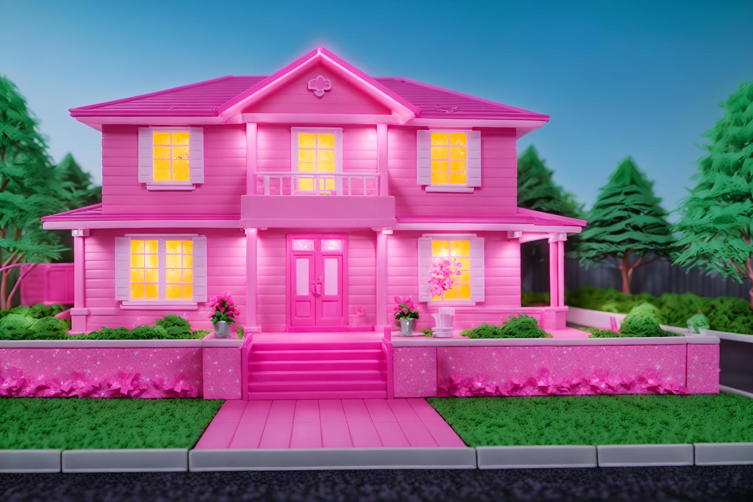 hot pink-style exterior designed (house exterior exterior) . with barbie closet and barbie glitter and sparkle and barbie plastic exterior and barbie bold rosy hues like fuchsia and magenta and hot pink barbie colors and barbie sofa and barbie chairs and hot pink barbie walls. . cinematic photo, highly detailed, cinematic lighting, ultra-detailed, ultrarealistic, photorealism, 8k. hot pink exterior design style. masterpiece, cinematic light, ultrarealistic+, photorealistic+, 8k, raw photo, realistic, sharp focus on eyes, (symmetrical eyes), (intact eyes), hyperrealistic, highest quality, best quality, , highly detailed, masterpiece, best quality, extremely detailed 8k wallpaper, masterpiece, best quality, ultra-detailed, best shadow, detailed background, detailed face, detailed eyes, high contrast, best illumination, detailed face, dulux, caustic, dynamic angle, detailed glow. dramatic lighting. highly detailed, insanely detailed hair, symmetrical, intricate details, professionally retouched, 8k high definition. strong bokeh. award winning photo.