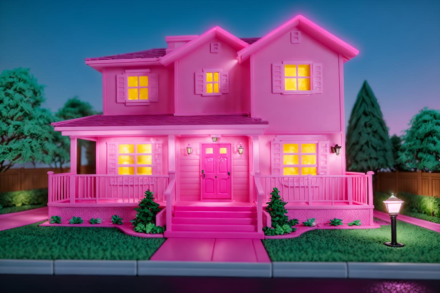 hot pink-style exterior designed (house exterior exterior) . with barbie closet and barbie glitter and sparkle and barbie plastic exterior and barbie bold rosy hues like fuchsia and magenta and hot pink barbie colors and barbie sofa and barbie chairs and hot pink barbie walls. . cinematic photo, highly detailed, cinematic lighting, ultra-detailed, ultrarealistic, photorealism, 8k. hot pink exterior design style. masterpiece, cinematic light, ultrarealistic+, photorealistic+, 8k, raw photo, realistic, sharp focus on eyes, (symmetrical eyes), (intact eyes), hyperrealistic, highest quality, best quality, , highly detailed, masterpiece, best quality, extremely detailed 8k wallpaper, masterpiece, best quality, ultra-detailed, best shadow, detailed background, detailed face, detailed eyes, high contrast, best illumination, detailed face, dulux, caustic, dynamic angle, detailed glow. dramatic lighting. highly detailed, insanely detailed hair, symmetrical, intricate details, professionally retouched, 8k high definition. strong bokeh. award winning photo.