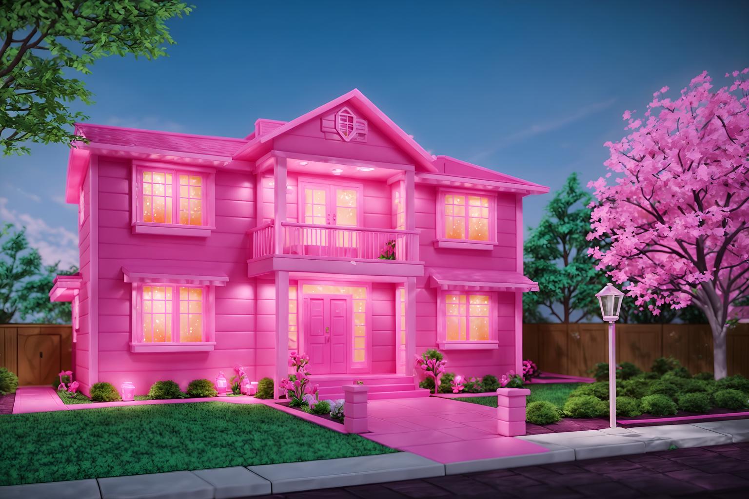 hot pink-style exterior designed (house exterior exterior) . with barbie closet and barbie glitter and sparkle and barbie plastic exterior and barbie bold rosy hues like fuchsia and magenta and hot pink barbie colors and barbie sofa and barbie chairs and hot pink barbie walls. . cinematic photo, highly detailed, cinematic lighting, ultra-detailed, ultrarealistic, photorealism, 8k. hot pink exterior design style. masterpiece, cinematic light, ultrarealistic+, photorealistic+, 8k, raw photo, realistic, sharp focus on eyes, (symmetrical eyes), (intact eyes), hyperrealistic, highest quality, best quality, , highly detailed, masterpiece, best quality, extremely detailed 8k wallpaper, masterpiece, best quality, ultra-detailed, best shadow, detailed background, detailed face, detailed eyes, high contrast, best illumination, detailed face, dulux, caustic, dynamic angle, detailed glow. dramatic lighting. highly detailed, insanely detailed hair, symmetrical, intricate details, professionally retouched, 8k high definition. strong bokeh. award winning photo.