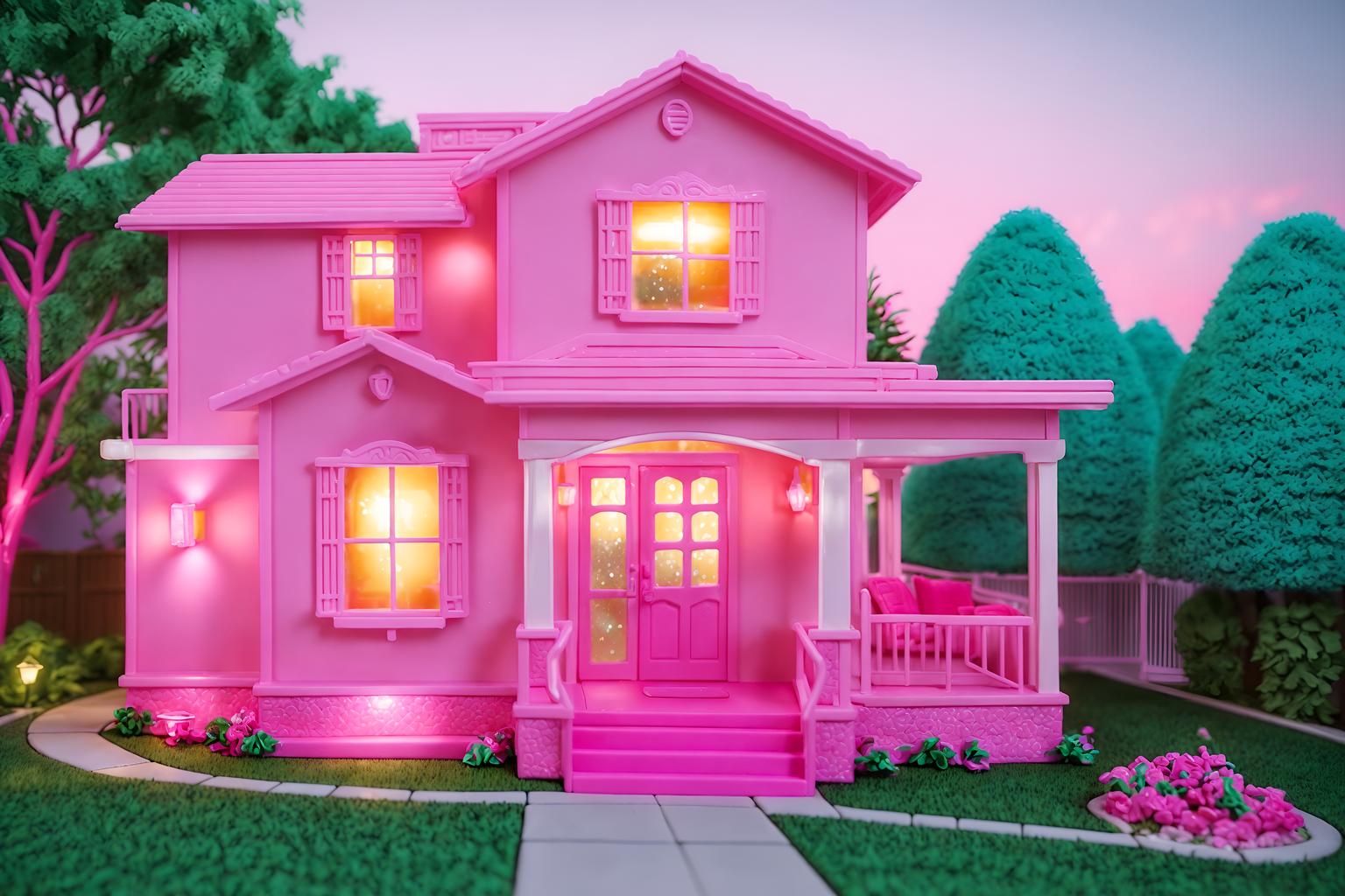 hot pink-style exterior designed (house exterior exterior) . with barbie closet and barbie glitter and sparkle and barbie plastic exterior and barbie bold rosy hues like fuchsia and magenta and hot pink barbie colors and barbie sofa and barbie chairs and hot pink barbie walls. . cinematic photo, highly detailed, cinematic lighting, ultra-detailed, ultrarealistic, photorealism, 8k. hot pink exterior design style. masterpiece, cinematic light, ultrarealistic+, photorealistic+, 8k, raw photo, realistic, sharp focus on eyes, (symmetrical eyes), (intact eyes), hyperrealistic, highest quality, best quality, , highly detailed, masterpiece, best quality, extremely detailed 8k wallpaper, masterpiece, best quality, ultra-detailed, best shadow, detailed background, detailed face, detailed eyes, high contrast, best illumination, detailed face, dulux, caustic, dynamic angle, detailed glow. dramatic lighting. highly detailed, insanely detailed hair, symmetrical, intricate details, professionally retouched, 8k high definition. strong bokeh. award winning photo.