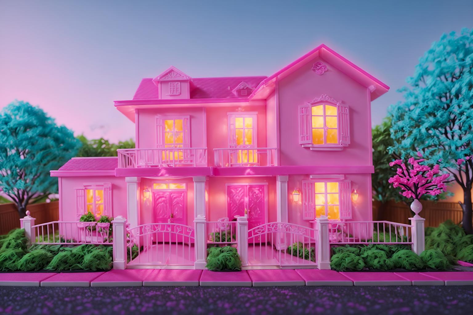 hot pink-style exterior designed (house exterior exterior) . with barbie closet and barbie glitter and sparkle and barbie plastic exterior and barbie bold rosy hues like fuchsia and magenta and hot pink barbie colors and barbie sofa and barbie chairs and hot pink barbie walls. . cinematic photo, highly detailed, cinematic lighting, ultra-detailed, ultrarealistic, photorealism, 8k. hot pink exterior design style. masterpiece, cinematic light, ultrarealistic+, photorealistic+, 8k, raw photo, realistic, sharp focus on eyes, (symmetrical eyes), (intact eyes), hyperrealistic, highest quality, best quality, , highly detailed, masterpiece, best quality, extremely detailed 8k wallpaper, masterpiece, best quality, ultra-detailed, best shadow, detailed background, detailed face, detailed eyes, high contrast, best illumination, detailed face, dulux, caustic, dynamic angle, detailed glow. dramatic lighting. highly detailed, insanely detailed hair, symmetrical, intricate details, professionally retouched, 8k high definition. strong bokeh. award winning photo.