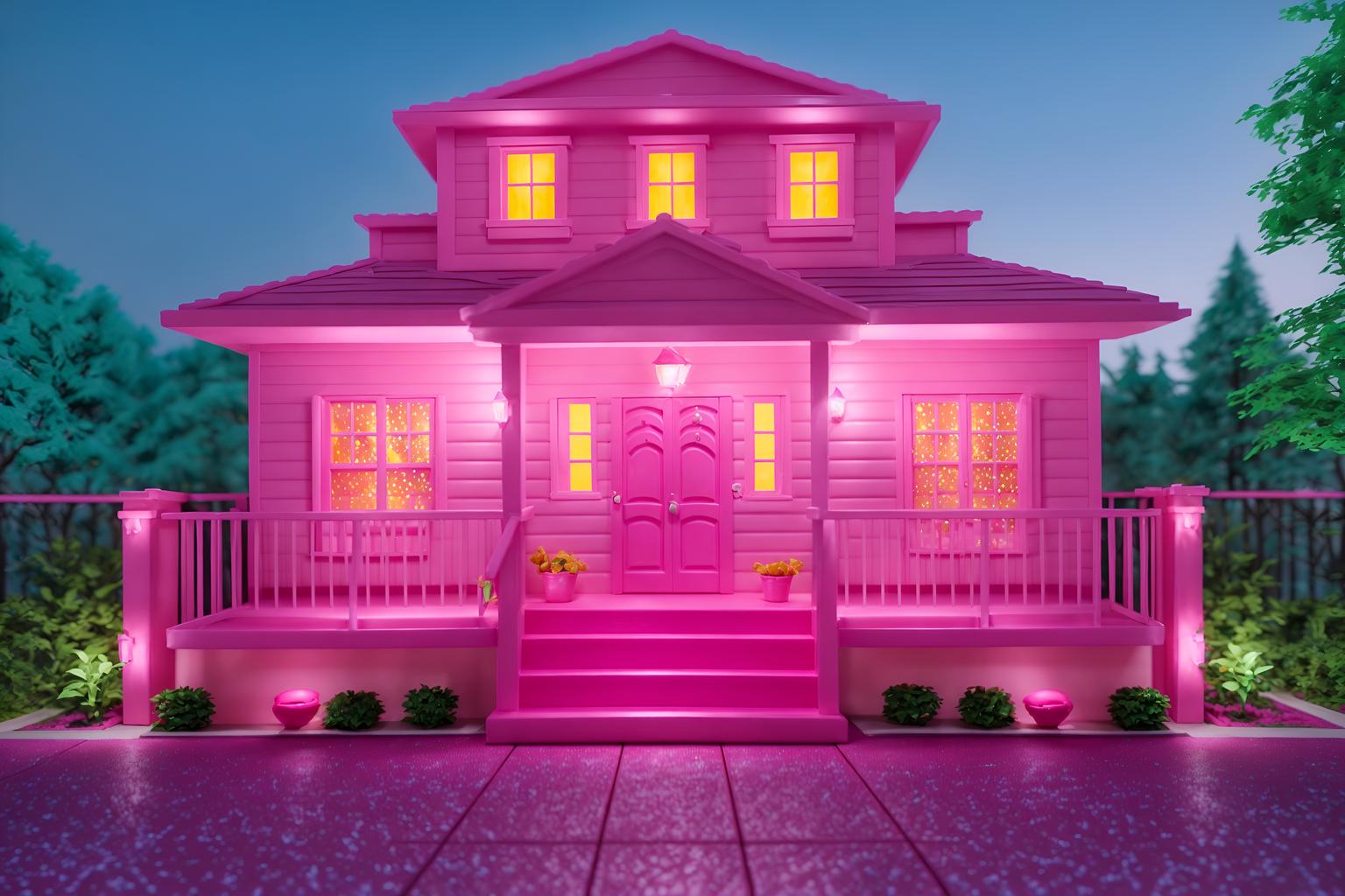 hot pink-style exterior designed (house exterior exterior) . with barbie closet and barbie glitter and sparkle and barbie plastic exterior and barbie bold rosy hues like fuchsia and magenta and hot pink barbie colors and barbie sofa and barbie chairs and hot pink barbie walls. . cinematic photo, highly detailed, cinematic lighting, ultra-detailed, ultrarealistic, photorealism, 8k. hot pink exterior design style. masterpiece, cinematic light, ultrarealistic+, photorealistic+, 8k, raw photo, realistic, sharp focus on eyes, (symmetrical eyes), (intact eyes), hyperrealistic, highest quality, best quality, , highly detailed, masterpiece, best quality, extremely detailed 8k wallpaper, masterpiece, best quality, ultra-detailed, best shadow, detailed background, detailed face, detailed eyes, high contrast, best illumination, detailed face, dulux, caustic, dynamic angle, detailed glow. dramatic lighting. highly detailed, insanely detailed hair, symmetrical, intricate details, professionally retouched, 8k high definition. strong bokeh. award winning photo.