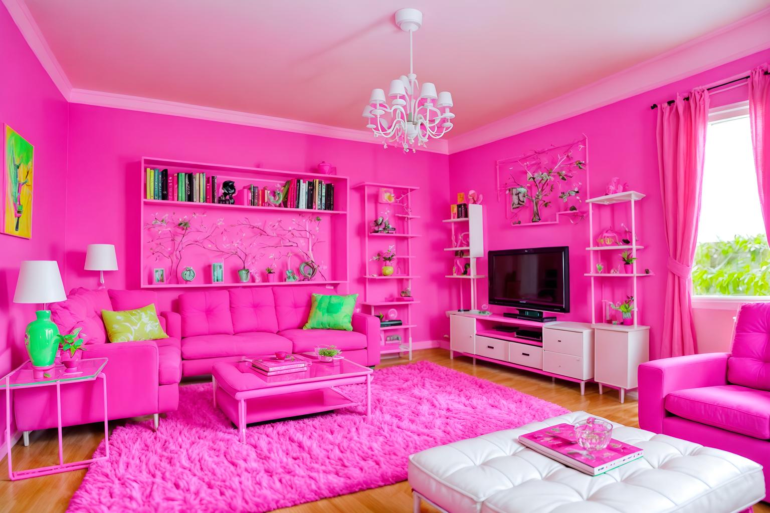 hot pink-style (living room interior) with occasional tables and televisions and bookshelves and plant and sofa and electric lamps and coffee tables and furniture. . with barbie sofa and barbie chairs and barbie bold rosy hues like fuchsia and magenta and barbie style interior and barbie closet and hot pink barbie colors and hot pink barbie walls and barbie plastic interior. . cinematic photo, highly detailed, cinematic lighting, ultra-detailed, ultrarealistic, photorealism, 8k. hot pink interior design style. masterpiece, cinematic light, ultrarealistic+, photorealistic+, 8k, raw photo, realistic, sharp focus on eyes, (symmetrical eyes), (intact eyes), hyperrealistic, highest quality, best quality, , highly detailed, masterpiece, best quality, extremely detailed 8k wallpaper, masterpiece, best quality, ultra-detailed, best shadow, detailed background, detailed face, detailed eyes, high contrast, best illumination, detailed face, dulux, caustic, dynamic angle, detailed glow. dramatic lighting. highly detailed, insanely detailed hair, symmetrical, intricate details, professionally retouched, 8k high definition. strong bokeh. award winning photo.