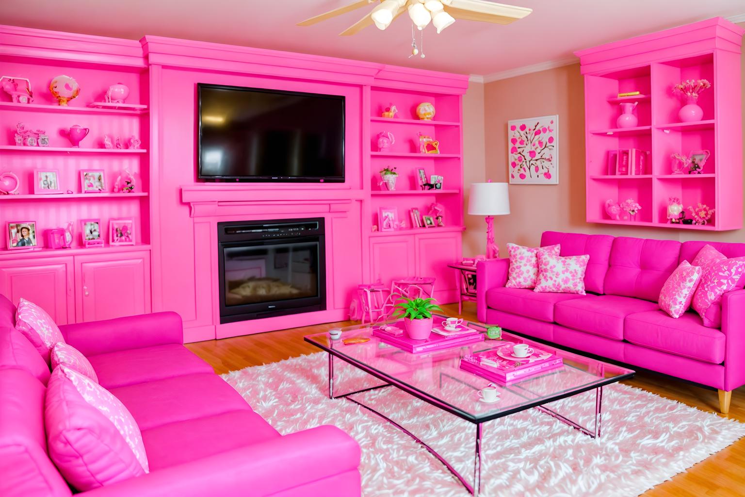hot pink-style (living room interior) with occasional tables and televisions and bookshelves and plant and sofa and electric lamps and coffee tables and furniture. . with barbie sofa and barbie chairs and barbie bold rosy hues like fuchsia and magenta and barbie style interior and barbie closet and hot pink barbie colors and hot pink barbie walls and barbie plastic interior. . cinematic photo, highly detailed, cinematic lighting, ultra-detailed, ultrarealistic, photorealism, 8k. hot pink interior design style. masterpiece, cinematic light, ultrarealistic+, photorealistic+, 8k, raw photo, realistic, sharp focus on eyes, (symmetrical eyes), (intact eyes), hyperrealistic, highest quality, best quality, , highly detailed, masterpiece, best quality, extremely detailed 8k wallpaper, masterpiece, best quality, ultra-detailed, best shadow, detailed background, detailed face, detailed eyes, high contrast, best illumination, detailed face, dulux, caustic, dynamic angle, detailed glow. dramatic lighting. highly detailed, insanely detailed hair, symmetrical, intricate details, professionally retouched, 8k high definition. strong bokeh. award winning photo.
