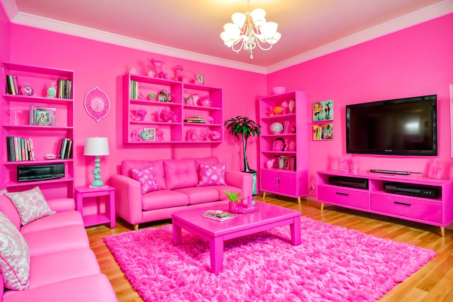 hot pink-style (living room interior) with occasional tables and televisions and bookshelves and plant and sofa and electric lamps and coffee tables and furniture. . with barbie sofa and barbie chairs and barbie bold rosy hues like fuchsia and magenta and barbie style interior and barbie closet and hot pink barbie colors and hot pink barbie walls and barbie plastic interior. . cinematic photo, highly detailed, cinematic lighting, ultra-detailed, ultrarealistic, photorealism, 8k. hot pink interior design style. masterpiece, cinematic light, ultrarealistic+, photorealistic+, 8k, raw photo, realistic, sharp focus on eyes, (symmetrical eyes), (intact eyes), hyperrealistic, highest quality, best quality, , highly detailed, masterpiece, best quality, extremely detailed 8k wallpaper, masterpiece, best quality, ultra-detailed, best shadow, detailed background, detailed face, detailed eyes, high contrast, best illumination, detailed face, dulux, caustic, dynamic angle, detailed glow. dramatic lighting. highly detailed, insanely detailed hair, symmetrical, intricate details, professionally retouched, 8k high definition. strong bokeh. award winning photo.