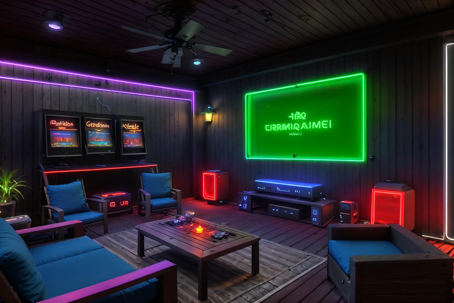 gaming room-style designed (outdoor patio ) with barbeque or grill and grass and plant and deck with deck chairs and patio couch with pillows and barbeque or grill. . with dark room and neon letters on wall and neon lights and speakers and multiple displays and purple, red and blue fade light and computer desk with computer displays and keyboard and dark walls. . cinematic photo, highly detailed, cinematic lighting, ultra-detailed, ultrarealistic, photorealism, 8k. gaming room design style. masterpiece, cinematic light, ultrarealistic+, photorealistic+, 8k, raw photo, realistic, sharp focus on eyes, (symmetrical eyes), (intact eyes), hyperrealistic, highest quality, best quality, , highly detailed, masterpiece, best quality, extremely detailed 8k wallpaper, masterpiece, best quality, ultra-detailed, best shadow, detailed background, detailed face, detailed eyes, high contrast, best illumination, detailed face, dulux, caustic, dynamic angle, detailed glow. dramatic lighting. highly detailed, insanely detailed hair, symmetrical, intricate details, professionally retouched, 8k high definition. strong bokeh. award winning photo.