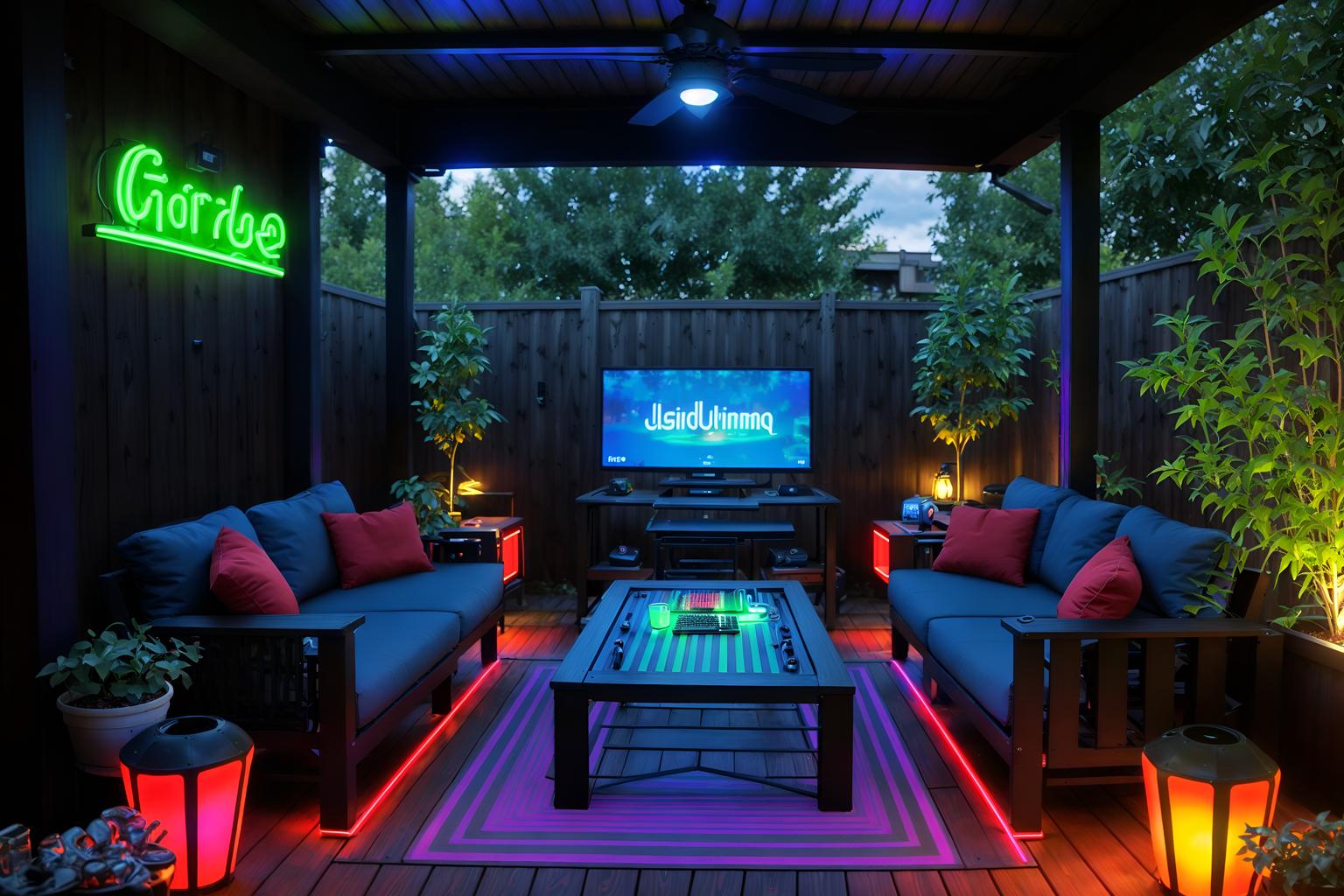 gaming room-style designed (outdoor patio ) with barbeque or grill and grass and plant and deck with deck chairs and patio couch with pillows and barbeque or grill. . with dark room and neon letters on wall and neon lights and speakers and multiple displays and purple, red and blue fade light and computer desk with computer displays and keyboard and dark walls. . cinematic photo, highly detailed, cinematic lighting, ultra-detailed, ultrarealistic, photorealism, 8k. gaming room design style. masterpiece, cinematic light, ultrarealistic+, photorealistic+, 8k, raw photo, realistic, sharp focus on eyes, (symmetrical eyes), (intact eyes), hyperrealistic, highest quality, best quality, , highly detailed, masterpiece, best quality, extremely detailed 8k wallpaper, masterpiece, best quality, ultra-detailed, best shadow, detailed background, detailed face, detailed eyes, high contrast, best illumination, detailed face, dulux, caustic, dynamic angle, detailed glow. dramatic lighting. highly detailed, insanely detailed hair, symmetrical, intricate details, professionally retouched, 8k high definition. strong bokeh. award winning photo.