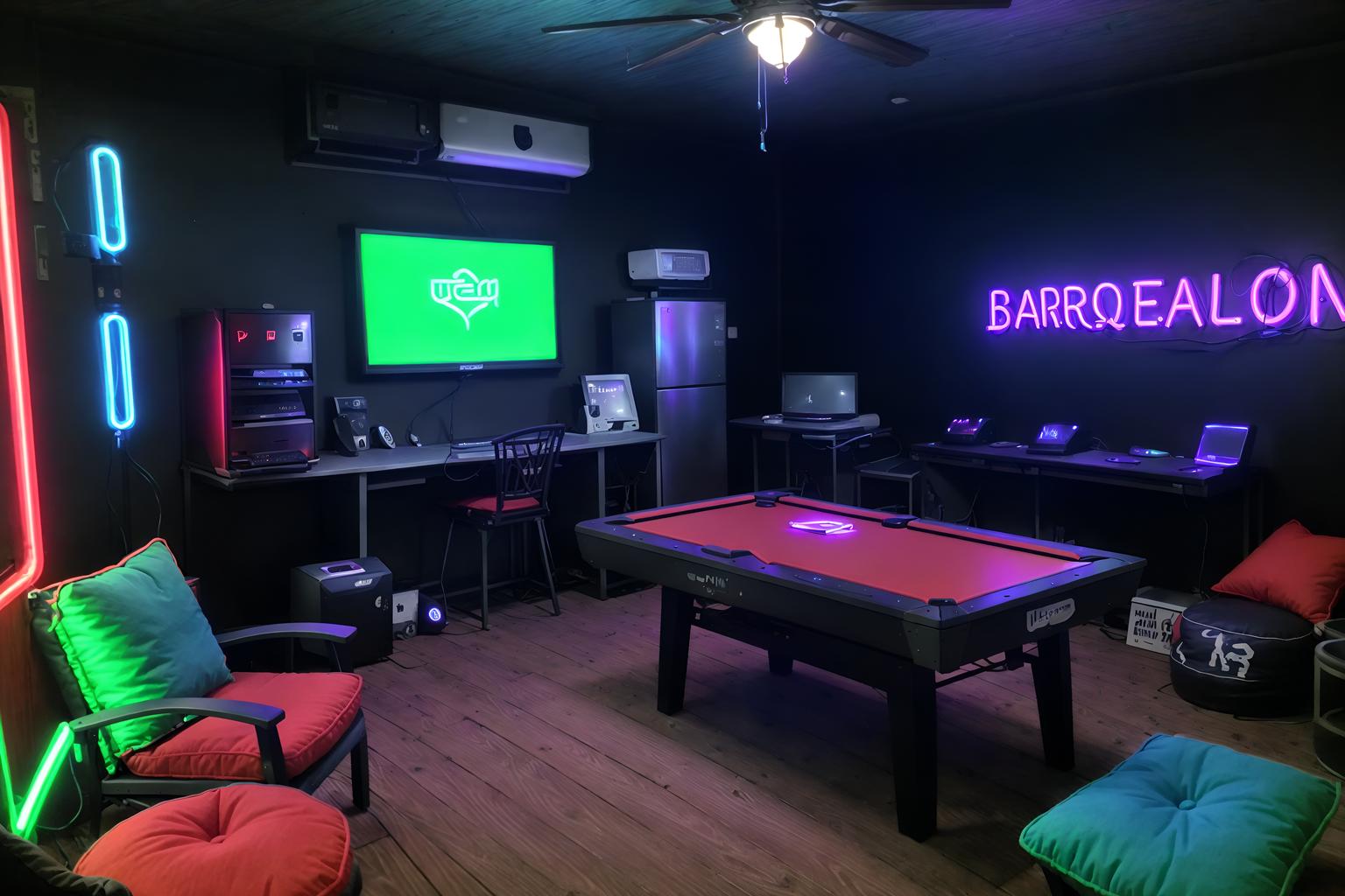 gaming room-style designed (outdoor patio ) with barbeque or grill and grass and plant and deck with deck chairs and patio couch with pillows and barbeque or grill. . with dark room and neon letters on wall and neon lights and speakers and multiple displays and purple, red and blue fade light and computer desk with computer displays and keyboard and dark walls. . cinematic photo, highly detailed, cinematic lighting, ultra-detailed, ultrarealistic, photorealism, 8k. gaming room design style. masterpiece, cinematic light, ultrarealistic+, photorealistic+, 8k, raw photo, realistic, sharp focus on eyes, (symmetrical eyes), (intact eyes), hyperrealistic, highest quality, best quality, , highly detailed, masterpiece, best quality, extremely detailed 8k wallpaper, masterpiece, best quality, ultra-detailed, best shadow, detailed background, detailed face, detailed eyes, high contrast, best illumination, detailed face, dulux, caustic, dynamic angle, detailed glow. dramatic lighting. highly detailed, insanely detailed hair, symmetrical, intricate details, professionally retouched, 8k high definition. strong bokeh. award winning photo.