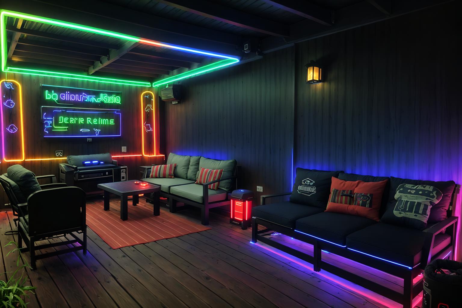 gaming room-style designed (outdoor patio ) with barbeque or grill and grass and plant and deck with deck chairs and patio couch with pillows and barbeque or grill. . with dark room and neon letters on wall and neon lights and speakers and multiple displays and purple, red and blue fade light and computer desk with computer displays and keyboard and dark walls. . cinematic photo, highly detailed, cinematic lighting, ultra-detailed, ultrarealistic, photorealism, 8k. gaming room design style. masterpiece, cinematic light, ultrarealistic+, photorealistic+, 8k, raw photo, realistic, sharp focus on eyes, (symmetrical eyes), (intact eyes), hyperrealistic, highest quality, best quality, , highly detailed, masterpiece, best quality, extremely detailed 8k wallpaper, masterpiece, best quality, ultra-detailed, best shadow, detailed background, detailed face, detailed eyes, high contrast, best illumination, detailed face, dulux, caustic, dynamic angle, detailed glow. dramatic lighting. highly detailed, insanely detailed hair, symmetrical, intricate details, professionally retouched, 8k high definition. strong bokeh. award winning photo.
