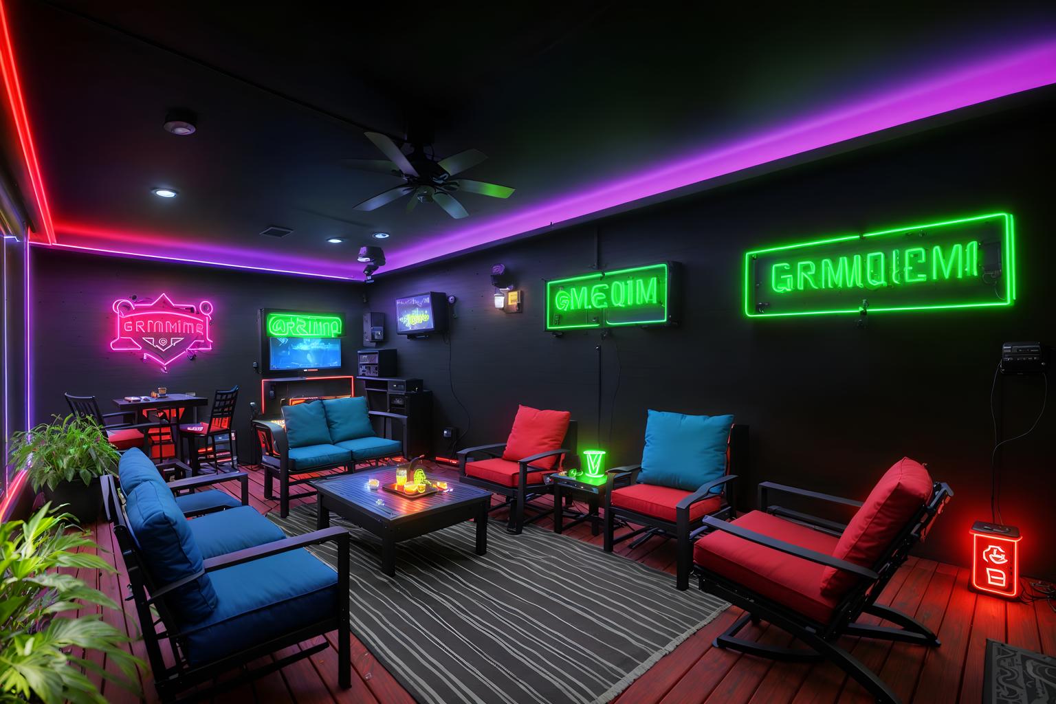 gaming room-style designed (outdoor patio ) with barbeque or grill and grass and plant and deck with deck chairs and patio couch with pillows and barbeque or grill. . with dark room and neon letters on wall and neon lights and speakers and multiple displays and purple, red and blue fade light and computer desk with computer displays and keyboard and dark walls. . cinematic photo, highly detailed, cinematic lighting, ultra-detailed, ultrarealistic, photorealism, 8k. gaming room design style. masterpiece, cinematic light, ultrarealistic+, photorealistic+, 8k, raw photo, realistic, sharp focus on eyes, (symmetrical eyes), (intact eyes), hyperrealistic, highest quality, best quality, , highly detailed, masterpiece, best quality, extremely detailed 8k wallpaper, masterpiece, best quality, ultra-detailed, best shadow, detailed background, detailed face, detailed eyes, high contrast, best illumination, detailed face, dulux, caustic, dynamic angle, detailed glow. dramatic lighting. highly detailed, insanely detailed hair, symmetrical, intricate details, professionally retouched, 8k high definition. strong bokeh. award winning photo.