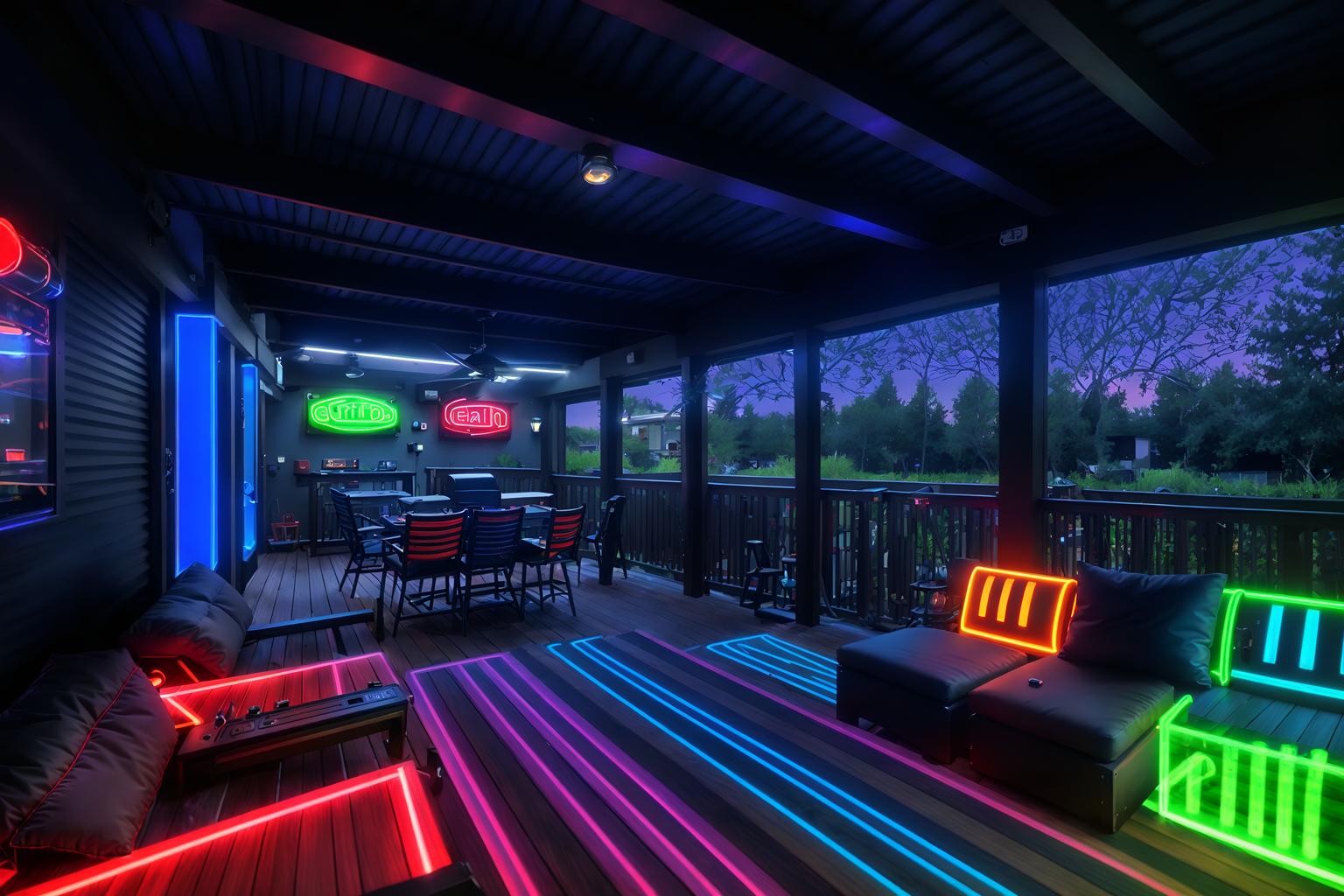 gaming room-style designed (outdoor patio ) with barbeque or grill and grass and plant and deck with deck chairs and patio couch with pillows and barbeque or grill. . with dark room and neon letters on wall and neon lights and speakers and multiple displays and purple, red and blue fade light and computer desk with computer displays and keyboard and dark walls. . cinematic photo, highly detailed, cinematic lighting, ultra-detailed, ultrarealistic, photorealism, 8k. gaming room design style. masterpiece, cinematic light, ultrarealistic+, photorealistic+, 8k, raw photo, realistic, sharp focus on eyes, (symmetrical eyes), (intact eyes), hyperrealistic, highest quality, best quality, , highly detailed, masterpiece, best quality, extremely detailed 8k wallpaper, masterpiece, best quality, ultra-detailed, best shadow, detailed background, detailed face, detailed eyes, high contrast, best illumination, detailed face, dulux, caustic, dynamic angle, detailed glow. dramatic lighting. highly detailed, insanely detailed hair, symmetrical, intricate details, professionally retouched, 8k high definition. strong bokeh. award winning photo.