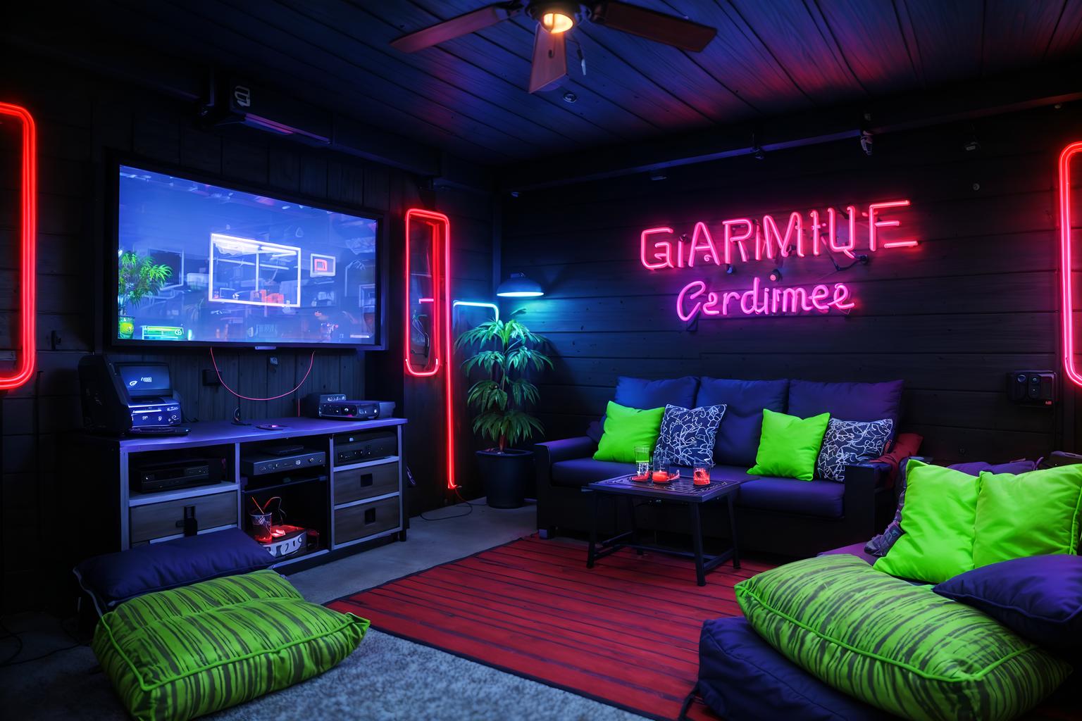 gaming room-style designed (outdoor patio ) with barbeque or grill and grass and plant and deck with deck chairs and patio couch with pillows and barbeque or grill. . with dark room and neon letters on wall and neon lights and speakers and multiple displays and purple, red and blue fade light and computer desk with computer displays and keyboard and dark walls. . cinematic photo, highly detailed, cinematic lighting, ultra-detailed, ultrarealistic, photorealism, 8k. gaming room design style. masterpiece, cinematic light, ultrarealistic+, photorealistic+, 8k, raw photo, realistic, sharp focus on eyes, (symmetrical eyes), (intact eyes), hyperrealistic, highest quality, best quality, , highly detailed, masterpiece, best quality, extremely detailed 8k wallpaper, masterpiece, best quality, ultra-detailed, best shadow, detailed background, detailed face, detailed eyes, high contrast, best illumination, detailed face, dulux, caustic, dynamic angle, detailed glow. dramatic lighting. highly detailed, insanely detailed hair, symmetrical, intricate details, professionally retouched, 8k high definition. strong bokeh. award winning photo.