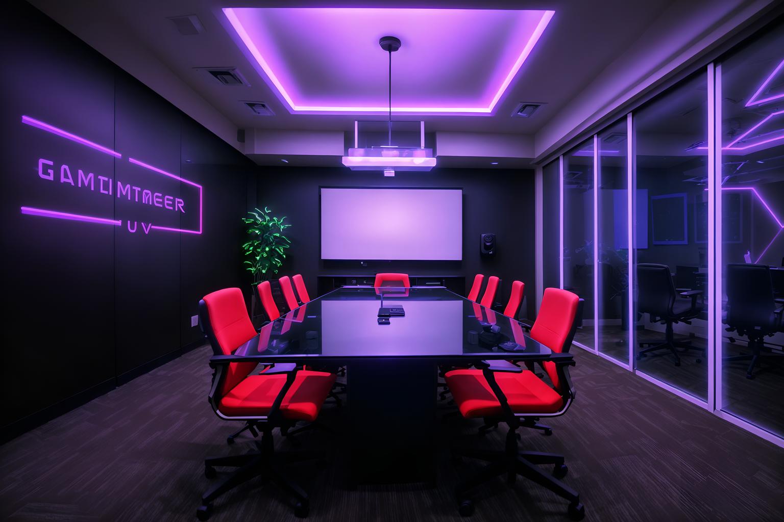 gaming room-style (meeting room interior) with painting or photo on wall and glass walls and glass doors and cabinets and plant and boardroom table and office chairs and vase. . with at night and dark room and multiple displays and neon lights and speakers and purple and red lights and neon letters on wall and computer desk with computer displays and keyboard. . cinematic photo, highly detailed, cinematic lighting, ultra-detailed, ultrarealistic, photorealism, 8k. gaming room interior design style. masterpiece, cinematic light, ultrarealistic+, photorealistic+, 8k, raw photo, realistic, sharp focus on eyes, (symmetrical eyes), (intact eyes), hyperrealistic, highest quality, best quality, , highly detailed, masterpiece, best quality, extremely detailed 8k wallpaper, masterpiece, best quality, ultra-detailed, best shadow, detailed background, detailed face, detailed eyes, high contrast, best illumination, detailed face, dulux, caustic, dynamic angle, detailed glow. dramatic lighting. highly detailed, insanely detailed hair, symmetrical, intricate details, professionally retouched, 8k high definition. strong bokeh. award winning photo.