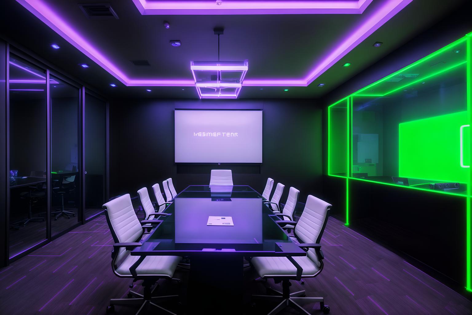 gaming room-style (meeting room interior) with painting or photo on wall and glass walls and glass doors and cabinets and plant and boardroom table and office chairs and vase. . with at night and dark room and multiple displays and neon lights and speakers and purple and red lights and neon letters on wall and computer desk with computer displays and keyboard. . cinematic photo, highly detailed, cinematic lighting, ultra-detailed, ultrarealistic, photorealism, 8k. gaming room interior design style. masterpiece, cinematic light, ultrarealistic+, photorealistic+, 8k, raw photo, realistic, sharp focus on eyes, (symmetrical eyes), (intact eyes), hyperrealistic, highest quality, best quality, , highly detailed, masterpiece, best quality, extremely detailed 8k wallpaper, masterpiece, best quality, ultra-detailed, best shadow, detailed background, detailed face, detailed eyes, high contrast, best illumination, detailed face, dulux, caustic, dynamic angle, detailed glow. dramatic lighting. highly detailed, insanely detailed hair, symmetrical, intricate details, professionally retouched, 8k high definition. strong bokeh. award winning photo.