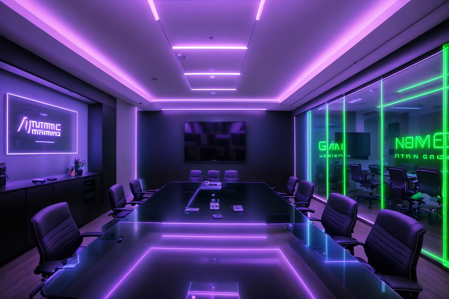 gaming room-style (meeting room interior) with painting or photo on wall and glass walls and glass doors and cabinets and plant and boardroom table and office chairs and vase. . with at night and dark room and multiple displays and neon lights and speakers and purple and red lights and neon letters on wall and computer desk with computer displays and keyboard. . cinematic photo, highly detailed, cinematic lighting, ultra-detailed, ultrarealistic, photorealism, 8k. gaming room interior design style. masterpiece, cinematic light, ultrarealistic+, photorealistic+, 8k, raw photo, realistic, sharp focus on eyes, (symmetrical eyes), (intact eyes), hyperrealistic, highest quality, best quality, , highly detailed, masterpiece, best quality, extremely detailed 8k wallpaper, masterpiece, best quality, ultra-detailed, best shadow, detailed background, detailed face, detailed eyes, high contrast, best illumination, detailed face, dulux, caustic, dynamic angle, detailed glow. dramatic lighting. highly detailed, insanely detailed hair, symmetrical, intricate details, professionally retouched, 8k high definition. strong bokeh. award winning photo.