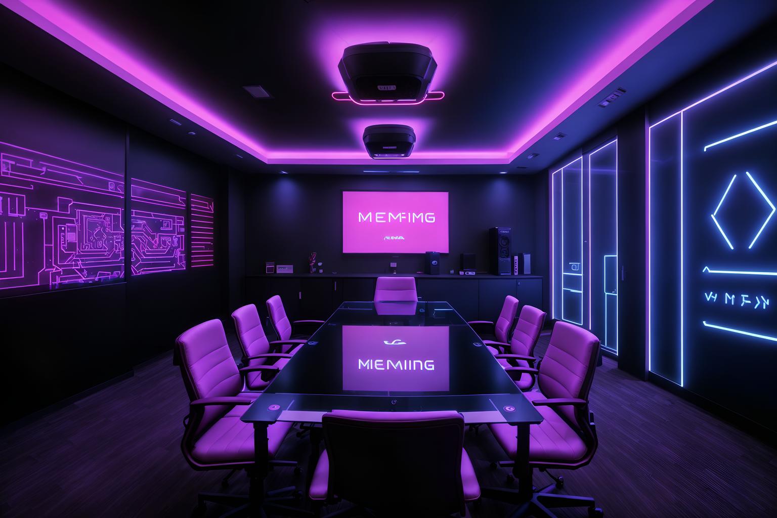 gaming room-style (meeting room interior) with painting or photo on wall and glass walls and glass doors and cabinets and plant and boardroom table and office chairs and vase. . with at night and dark room and multiple displays and neon lights and speakers and purple and red lights and neon letters on wall and computer desk with computer displays and keyboard. . cinematic photo, highly detailed, cinematic lighting, ultra-detailed, ultrarealistic, photorealism, 8k. gaming room interior design style. masterpiece, cinematic light, ultrarealistic+, photorealistic+, 8k, raw photo, realistic, sharp focus on eyes, (symmetrical eyes), (intact eyes), hyperrealistic, highest quality, best quality, , highly detailed, masterpiece, best quality, extremely detailed 8k wallpaper, masterpiece, best quality, ultra-detailed, best shadow, detailed background, detailed face, detailed eyes, high contrast, best illumination, detailed face, dulux, caustic, dynamic angle, detailed glow. dramatic lighting. highly detailed, insanely detailed hair, symmetrical, intricate details, professionally retouched, 8k high definition. strong bokeh. award winning photo.