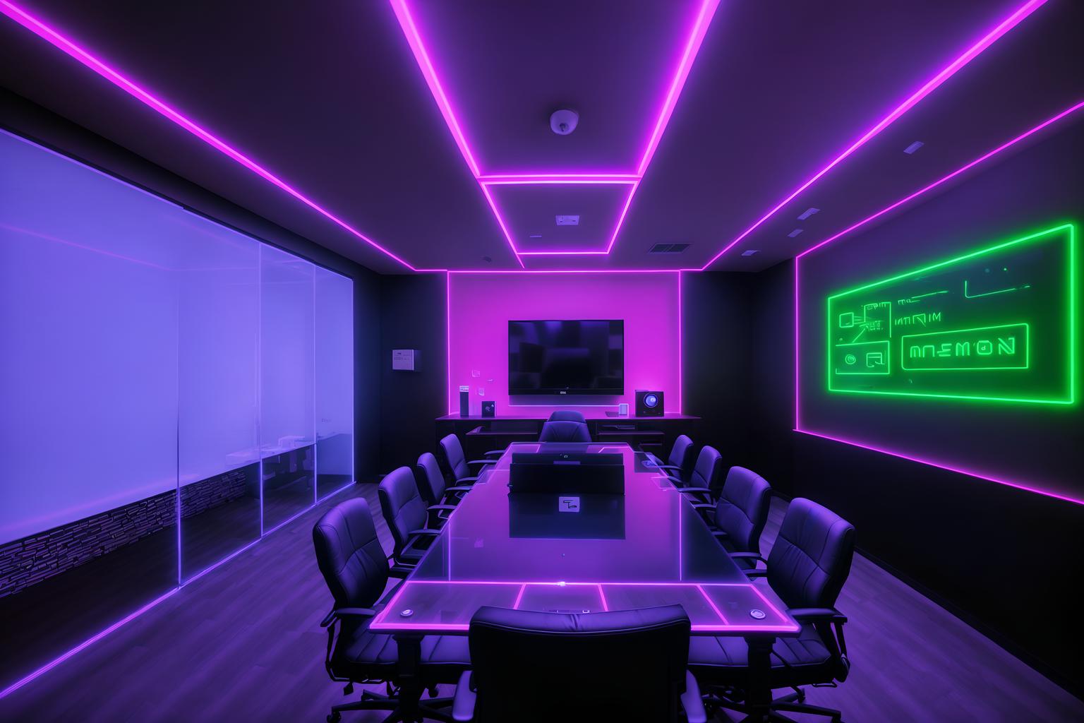 gaming room-style (meeting room interior) with painting or photo on wall and glass walls and glass doors and cabinets and plant and boardroom table and office chairs and vase. . with at night and dark room and multiple displays and neon lights and speakers and purple and red lights and neon letters on wall and computer desk with computer displays and keyboard. . cinematic photo, highly detailed, cinematic lighting, ultra-detailed, ultrarealistic, photorealism, 8k. gaming room interior design style. masterpiece, cinematic light, ultrarealistic+, photorealistic+, 8k, raw photo, realistic, sharp focus on eyes, (symmetrical eyes), (intact eyes), hyperrealistic, highest quality, best quality, , highly detailed, masterpiece, best quality, extremely detailed 8k wallpaper, masterpiece, best quality, ultra-detailed, best shadow, detailed background, detailed face, detailed eyes, high contrast, best illumination, detailed face, dulux, caustic, dynamic angle, detailed glow. dramatic lighting. highly detailed, insanely detailed hair, symmetrical, intricate details, professionally retouched, 8k high definition. strong bokeh. award winning photo.