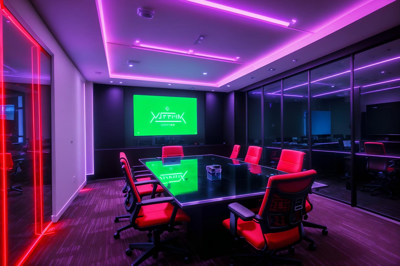 gaming room-style (meeting room interior) with painting or photo on wall and glass walls and glass doors and cabinets and plant and boardroom table and office chairs and vase. . with at night and dark room and multiple displays and neon lights and speakers and purple and red lights and neon letters on wall and computer desk with computer displays and keyboard. . cinematic photo, highly detailed, cinematic lighting, ultra-detailed, ultrarealistic, photorealism, 8k. gaming room interior design style. masterpiece, cinematic light, ultrarealistic+, photorealistic+, 8k, raw photo, realistic, sharp focus on eyes, (symmetrical eyes), (intact eyes), hyperrealistic, highest quality, best quality, , highly detailed, masterpiece, best quality, extremely detailed 8k wallpaper, masterpiece, best quality, ultra-detailed, best shadow, detailed background, detailed face, detailed eyes, high contrast, best illumination, detailed face, dulux, caustic, dynamic angle, detailed glow. dramatic lighting. highly detailed, insanely detailed hair, symmetrical, intricate details, professionally retouched, 8k high definition. strong bokeh. award winning photo.