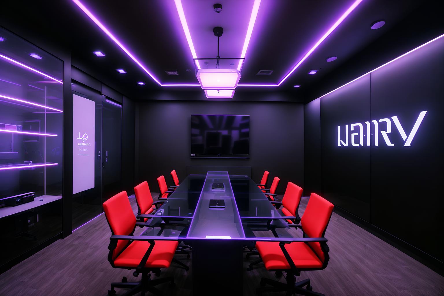 gaming room-style (meeting room interior) with painting or photo on wall and glass walls and glass doors and cabinets and plant and boardroom table and office chairs and vase. . with at night and dark room and multiple displays and neon lights and speakers and purple and red lights and neon letters on wall and computer desk with computer displays and keyboard. . cinematic photo, highly detailed, cinematic lighting, ultra-detailed, ultrarealistic, photorealism, 8k. gaming room interior design style. masterpiece, cinematic light, ultrarealistic+, photorealistic+, 8k, raw photo, realistic, sharp focus on eyes, (symmetrical eyes), (intact eyes), hyperrealistic, highest quality, best quality, , highly detailed, masterpiece, best quality, extremely detailed 8k wallpaper, masterpiece, best quality, ultra-detailed, best shadow, detailed background, detailed face, detailed eyes, high contrast, best illumination, detailed face, dulux, caustic, dynamic angle, detailed glow. dramatic lighting. highly detailed, insanely detailed hair, symmetrical, intricate details, professionally retouched, 8k high definition. strong bokeh. award winning photo.