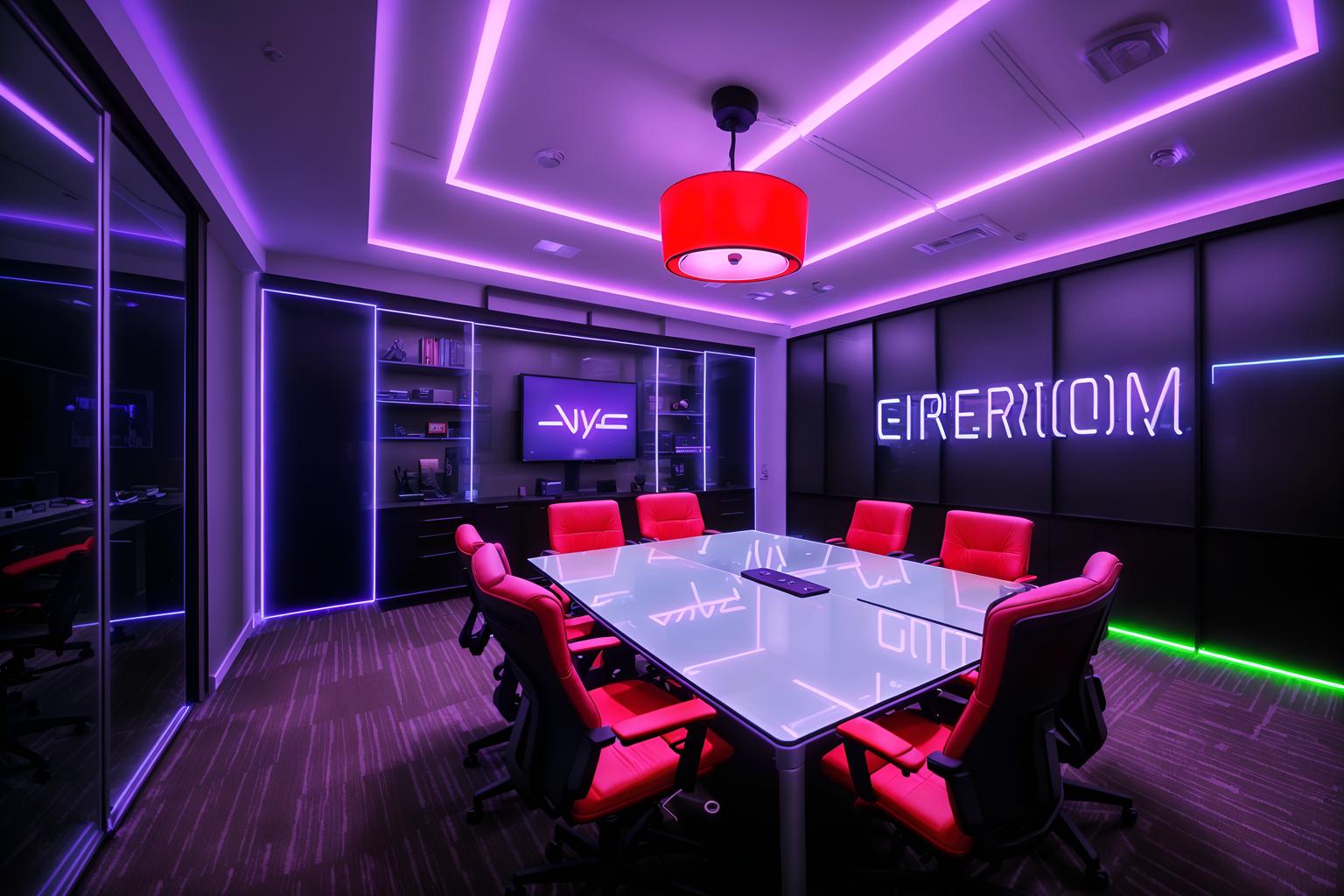 gaming room-style (meeting room interior) with painting or photo on wall and glass walls and glass doors and cabinets and plant and boardroom table and office chairs and vase. . with at night and dark room and multiple displays and neon lights and speakers and purple and red lights and neon letters on wall and computer desk with computer displays and keyboard. . cinematic photo, highly detailed, cinematic lighting, ultra-detailed, ultrarealistic, photorealism, 8k. gaming room interior design style. masterpiece, cinematic light, ultrarealistic+, photorealistic+, 8k, raw photo, realistic, sharp focus on eyes, (symmetrical eyes), (intact eyes), hyperrealistic, highest quality, best quality, , highly detailed, masterpiece, best quality, extremely detailed 8k wallpaper, masterpiece, best quality, ultra-detailed, best shadow, detailed background, detailed face, detailed eyes, high contrast, best illumination, detailed face, dulux, caustic, dynamic angle, detailed glow. dramatic lighting. highly detailed, insanely detailed hair, symmetrical, intricate details, professionally retouched, 8k high definition. strong bokeh. award winning photo.