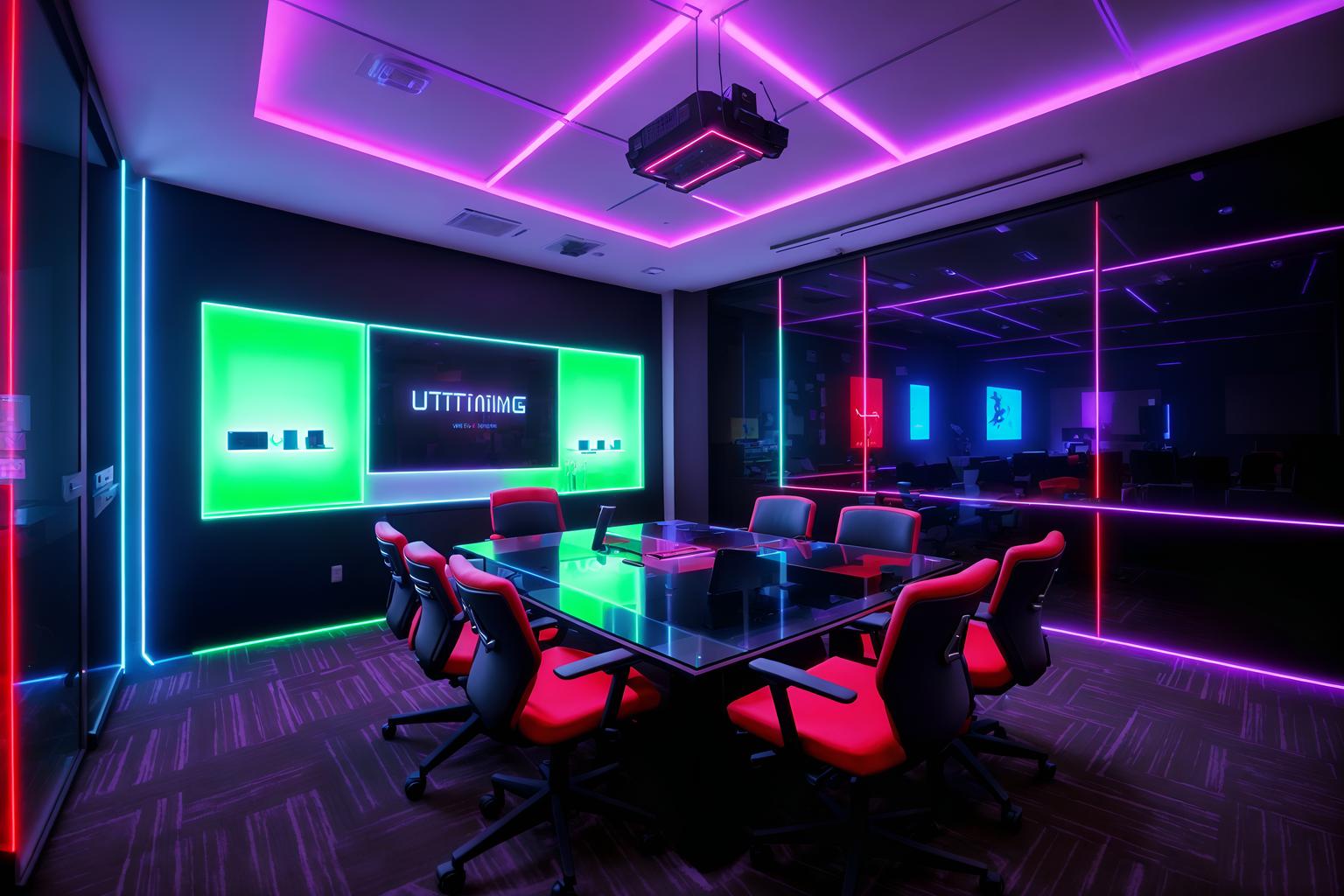 gaming room-style (meeting room interior) with painting or photo on wall and glass walls and glass doors and cabinets and plant and boardroom table and office chairs and vase. . with at night and dark room and multiple displays and neon lights and speakers and purple and red lights and neon letters on wall and computer desk with computer displays and keyboard. . cinematic photo, highly detailed, cinematic lighting, ultra-detailed, ultrarealistic, photorealism, 8k. gaming room interior design style. masterpiece, cinematic light, ultrarealistic+, photorealistic+, 8k, raw photo, realistic, sharp focus on eyes, (symmetrical eyes), (intact eyes), hyperrealistic, highest quality, best quality, , highly detailed, masterpiece, best quality, extremely detailed 8k wallpaper, masterpiece, best quality, ultra-detailed, best shadow, detailed background, detailed face, detailed eyes, high contrast, best illumination, detailed face, dulux, caustic, dynamic angle, detailed glow. dramatic lighting. highly detailed, insanely detailed hair, symmetrical, intricate details, professionally retouched, 8k high definition. strong bokeh. award winning photo.