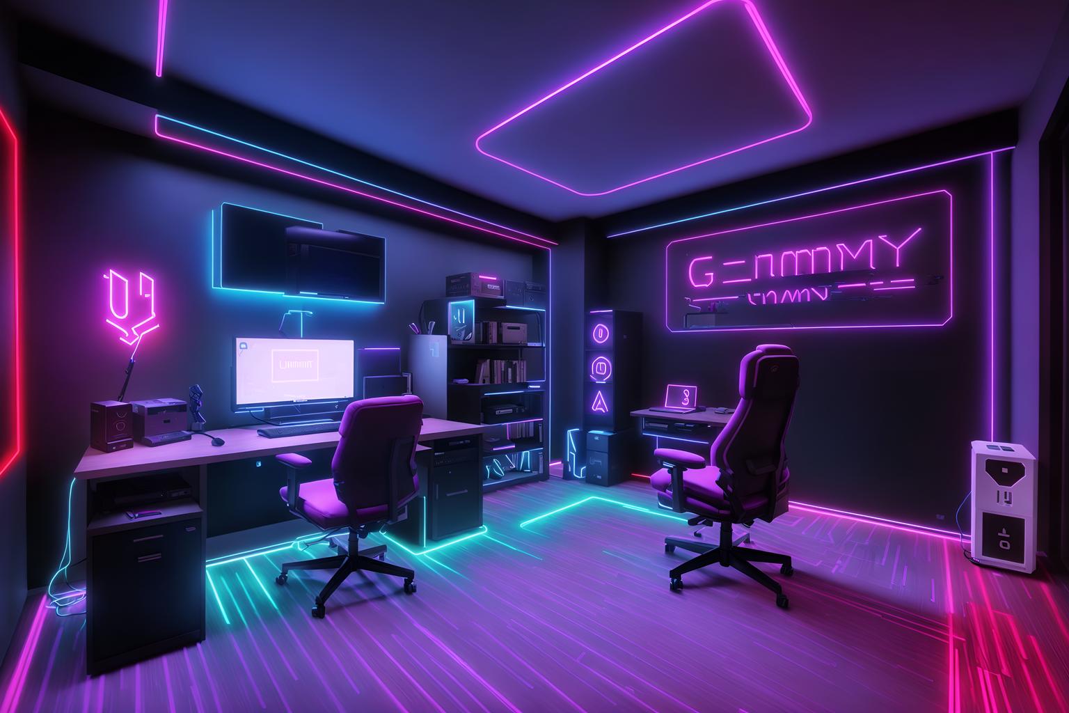 gaming room-style (home office interior) with cabinets and computer desk and plant and desk lamp and office chair and cabinets. . with gaming chair and purple, red and blue fade light and at night and speakers and dark walls and computer desk with computer displays and keyboard and neon letters on wall and neon lights. . cinematic photo, highly detailed, cinematic lighting, ultra-detailed, ultrarealistic, photorealism, 8k. gaming room interior design style. masterpiece, cinematic light, ultrarealistic+, photorealistic+, 8k, raw photo, realistic, sharp focus on eyes, (symmetrical eyes), (intact eyes), hyperrealistic, highest quality, best quality, , highly detailed, masterpiece, best quality, extremely detailed 8k wallpaper, masterpiece, best quality, ultra-detailed, best shadow, detailed background, detailed face, detailed eyes, high contrast, best illumination, detailed face, dulux, caustic, dynamic angle, detailed glow. dramatic lighting. highly detailed, insanely detailed hair, symmetrical, intricate details, professionally retouched, 8k high definition. strong bokeh. award winning photo.