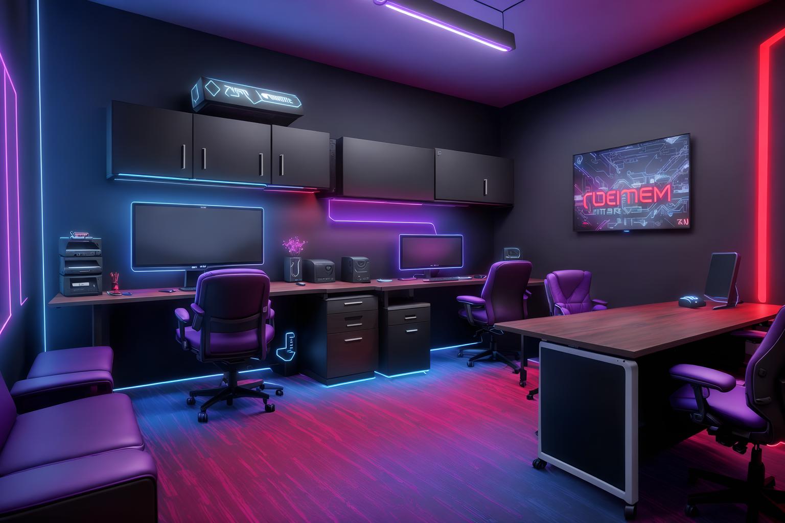 gaming room-style (home office interior) with cabinets and computer desk and plant and desk lamp and office chair and cabinets. . with gaming chair and purple, red and blue fade light and at night and speakers and dark walls and computer desk with computer displays and keyboard and neon letters on wall and neon lights. . cinematic photo, highly detailed, cinematic lighting, ultra-detailed, ultrarealistic, photorealism, 8k. gaming room interior design style. masterpiece, cinematic light, ultrarealistic+, photorealistic+, 8k, raw photo, realistic, sharp focus on eyes, (symmetrical eyes), (intact eyes), hyperrealistic, highest quality, best quality, , highly detailed, masterpiece, best quality, extremely detailed 8k wallpaper, masterpiece, best quality, ultra-detailed, best shadow, detailed background, detailed face, detailed eyes, high contrast, best illumination, detailed face, dulux, caustic, dynamic angle, detailed glow. dramatic lighting. highly detailed, insanely detailed hair, symmetrical, intricate details, professionally retouched, 8k high definition. strong bokeh. award winning photo.