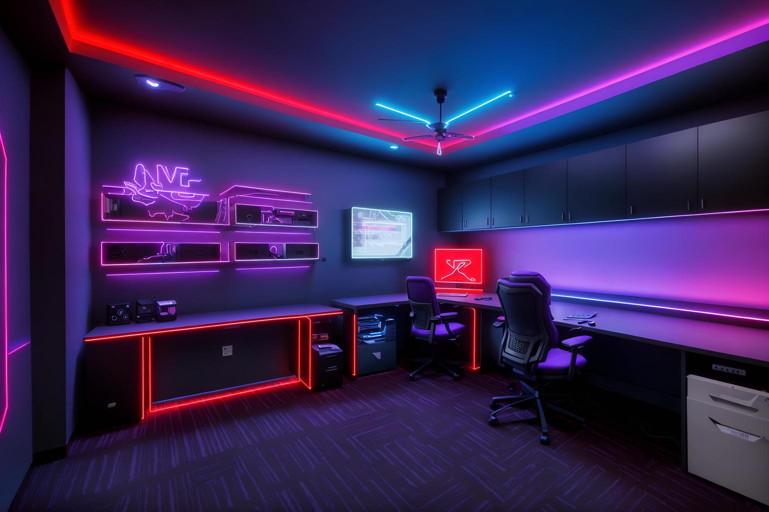 gaming room-style (home office interior) with cabinets and computer desk and plant and desk lamp and office chair and cabinets. . with gaming chair and purple, red and blue fade light and at night and speakers and dark walls and computer desk with computer displays and keyboard and neon letters on wall and neon lights. . cinematic photo, highly detailed, cinematic lighting, ultra-detailed, ultrarealistic, photorealism, 8k. gaming room interior design style. masterpiece, cinematic light, ultrarealistic+, photorealistic+, 8k, raw photo, realistic, sharp focus on eyes, (symmetrical eyes), (intact eyes), hyperrealistic, highest quality, best quality, , highly detailed, masterpiece, best quality, extremely detailed 8k wallpaper, masterpiece, best quality, ultra-detailed, best shadow, detailed background, detailed face, detailed eyes, high contrast, best illumination, detailed face, dulux, caustic, dynamic angle, detailed glow. dramatic lighting. highly detailed, insanely detailed hair, symmetrical, intricate details, professionally retouched, 8k high definition. strong bokeh. award winning photo.