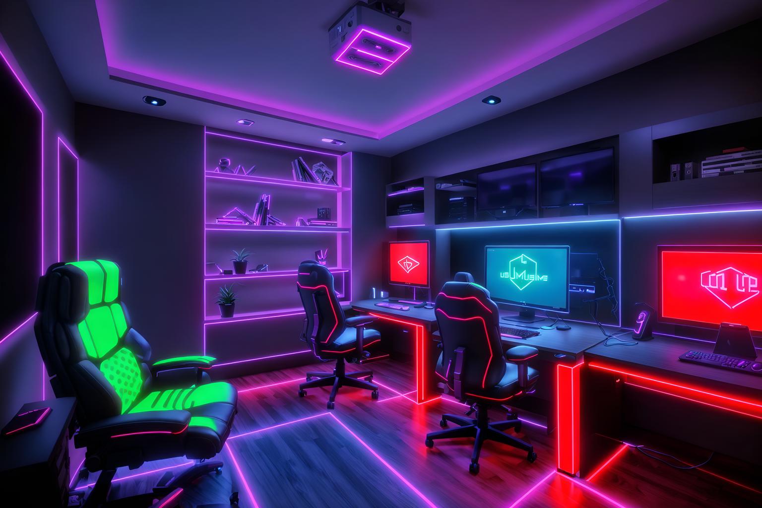 gaming room-style (home office interior) with cabinets and computer desk and plant and desk lamp and office chair and cabinets. . with gaming chair and purple, red and blue fade light and at night and speakers and dark walls and computer desk with computer displays and keyboard and neon letters on wall and neon lights. . cinematic photo, highly detailed, cinematic lighting, ultra-detailed, ultrarealistic, photorealism, 8k. gaming room interior design style. masterpiece, cinematic light, ultrarealistic+, photorealistic+, 8k, raw photo, realistic, sharp focus on eyes, (symmetrical eyes), (intact eyes), hyperrealistic, highest quality, best quality, , highly detailed, masterpiece, best quality, extremely detailed 8k wallpaper, masterpiece, best quality, ultra-detailed, best shadow, detailed background, detailed face, detailed eyes, high contrast, best illumination, detailed face, dulux, caustic, dynamic angle, detailed glow. dramatic lighting. highly detailed, insanely detailed hair, symmetrical, intricate details, professionally retouched, 8k high definition. strong bokeh. award winning photo.