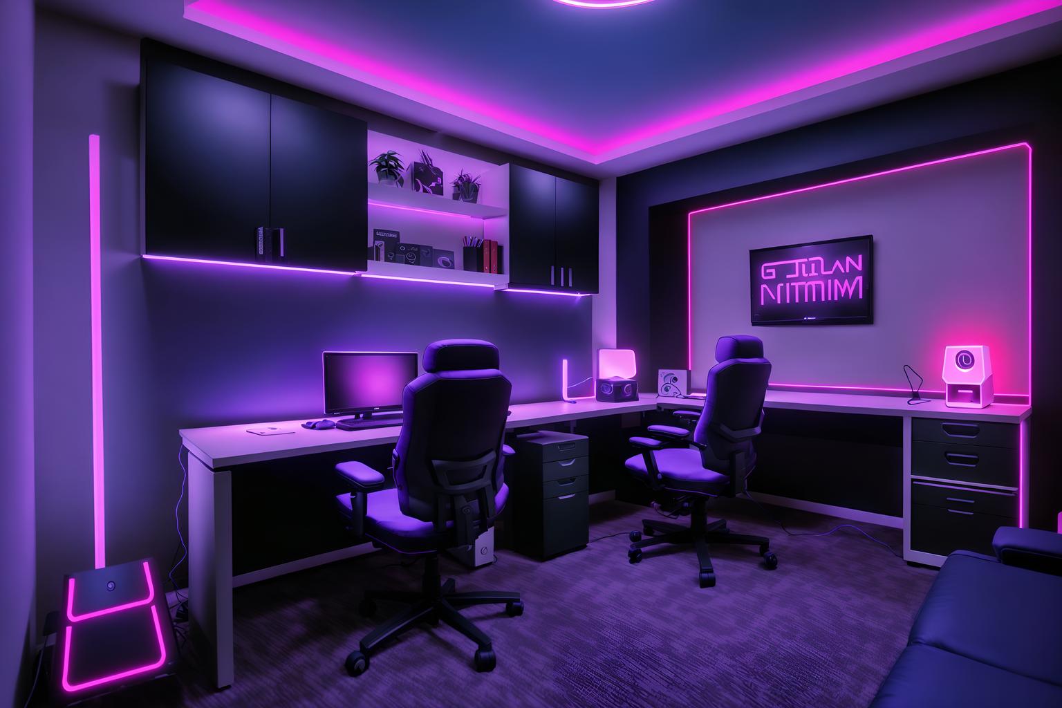 gaming room-style (home office interior) with cabinets and computer desk and plant and desk lamp and office chair and cabinets. . with gaming chair and purple, red and blue fade light and at night and speakers and dark walls and computer desk with computer displays and keyboard and neon letters on wall and neon lights. . cinematic photo, highly detailed, cinematic lighting, ultra-detailed, ultrarealistic, photorealism, 8k. gaming room interior design style. masterpiece, cinematic light, ultrarealistic+, photorealistic+, 8k, raw photo, realistic, sharp focus on eyes, (symmetrical eyes), (intact eyes), hyperrealistic, highest quality, best quality, , highly detailed, masterpiece, best quality, extremely detailed 8k wallpaper, masterpiece, best quality, ultra-detailed, best shadow, detailed background, detailed face, detailed eyes, high contrast, best illumination, detailed face, dulux, caustic, dynamic angle, detailed glow. dramatic lighting. highly detailed, insanely detailed hair, symmetrical, intricate details, professionally retouched, 8k high definition. strong bokeh. award winning photo.