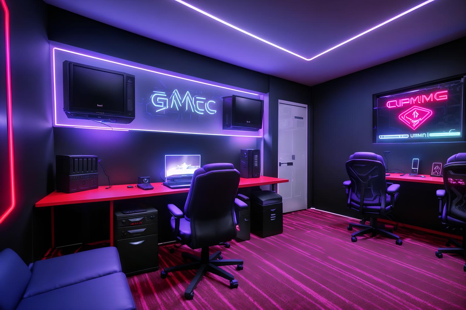 gaming room-style (home office interior) with cabinets and computer desk and plant and desk lamp and office chair and cabinets. . with gaming chair and purple, red and blue fade light and at night and speakers and dark walls and computer desk with computer displays and keyboard and neon letters on wall and neon lights. . cinematic photo, highly detailed, cinematic lighting, ultra-detailed, ultrarealistic, photorealism, 8k. gaming room interior design style. masterpiece, cinematic light, ultrarealistic+, photorealistic+, 8k, raw photo, realistic, sharp focus on eyes, (symmetrical eyes), (intact eyes), hyperrealistic, highest quality, best quality, , highly detailed, masterpiece, best quality, extremely detailed 8k wallpaper, masterpiece, best quality, ultra-detailed, best shadow, detailed background, detailed face, detailed eyes, high contrast, best illumination, detailed face, dulux, caustic, dynamic angle, detailed glow. dramatic lighting. highly detailed, insanely detailed hair, symmetrical, intricate details, professionally retouched, 8k high definition. strong bokeh. award winning photo.