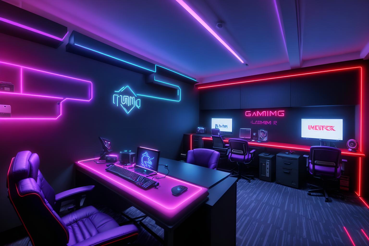 gaming room-style (home office interior) with cabinets and computer desk and plant and desk lamp and office chair and cabinets. . with gaming chair and purple, red and blue fade light and at night and speakers and dark walls and computer desk with computer displays and keyboard and neon letters on wall and neon lights. . cinematic photo, highly detailed, cinematic lighting, ultra-detailed, ultrarealistic, photorealism, 8k. gaming room interior design style. masterpiece, cinematic light, ultrarealistic+, photorealistic+, 8k, raw photo, realistic, sharp focus on eyes, (symmetrical eyes), (intact eyes), hyperrealistic, highest quality, best quality, , highly detailed, masterpiece, best quality, extremely detailed 8k wallpaper, masterpiece, best quality, ultra-detailed, best shadow, detailed background, detailed face, detailed eyes, high contrast, best illumination, detailed face, dulux, caustic, dynamic angle, detailed glow. dramatic lighting. highly detailed, insanely detailed hair, symmetrical, intricate details, professionally retouched, 8k high definition. strong bokeh. award winning photo.