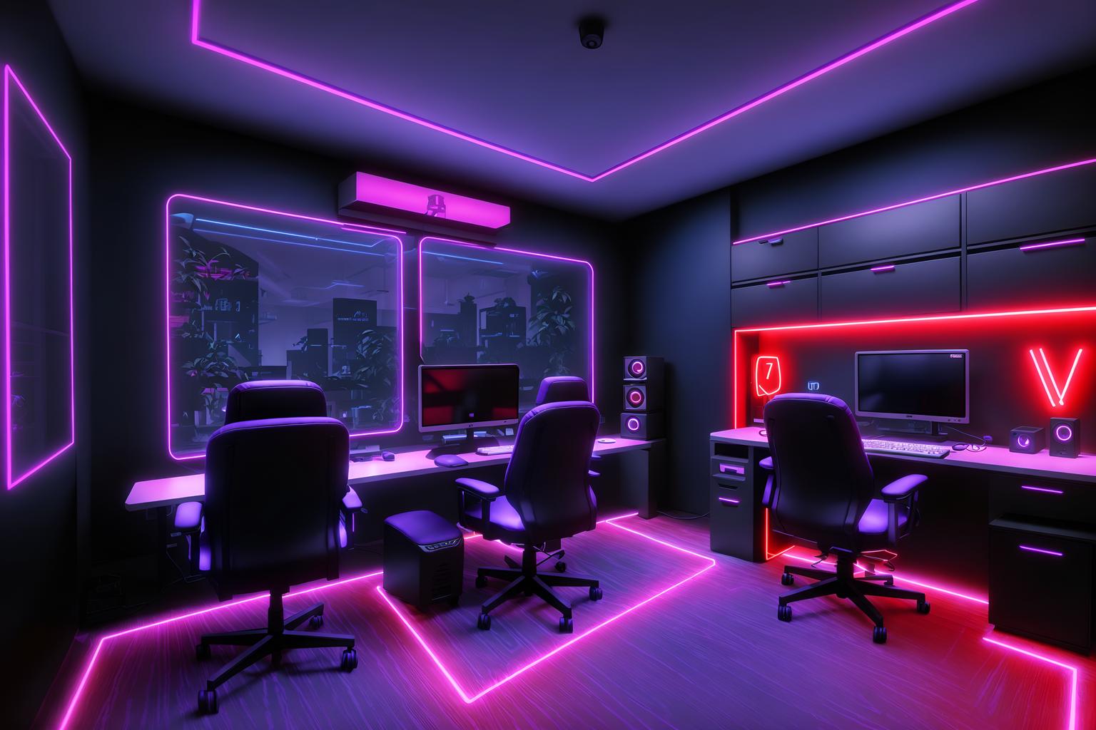 gaming room-style (home office interior) with cabinets and computer desk and plant and desk lamp and office chair and cabinets. . with gaming chair and purple, red and blue fade light and at night and speakers and dark walls and computer desk with computer displays and keyboard and neon letters on wall and neon lights. . cinematic photo, highly detailed, cinematic lighting, ultra-detailed, ultrarealistic, photorealism, 8k. gaming room interior design style. masterpiece, cinematic light, ultrarealistic+, photorealistic+, 8k, raw photo, realistic, sharp focus on eyes, (symmetrical eyes), (intact eyes), hyperrealistic, highest quality, best quality, , highly detailed, masterpiece, best quality, extremely detailed 8k wallpaper, masterpiece, best quality, ultra-detailed, best shadow, detailed background, detailed face, detailed eyes, high contrast, best illumination, detailed face, dulux, caustic, dynamic angle, detailed glow. dramatic lighting. highly detailed, insanely detailed hair, symmetrical, intricate details, professionally retouched, 8k high definition. strong bokeh. award winning photo.