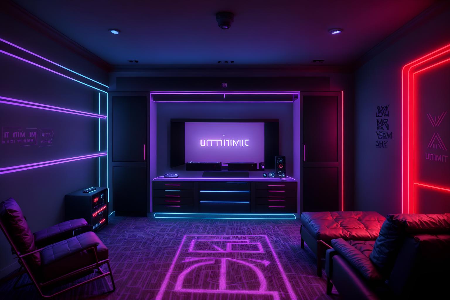gaming room-style (walk in closet interior) . with neon letters on wall and at night and purple and red lights and speakers and purple, red and blue fade light and multiple displays and dark walls and dark room. . cinematic photo, highly detailed, cinematic lighting, ultra-detailed, ultrarealistic, photorealism, 8k. gaming room interior design style. masterpiece, cinematic light, ultrarealistic+, photorealistic+, 8k, raw photo, realistic, sharp focus on eyes, (symmetrical eyes), (intact eyes), hyperrealistic, highest quality, best quality, , highly detailed, masterpiece, best quality, extremely detailed 8k wallpaper, masterpiece, best quality, ultra-detailed, best shadow, detailed background, detailed face, detailed eyes, high contrast, best illumination, detailed face, dulux, caustic, dynamic angle, detailed glow. dramatic lighting. highly detailed, insanely detailed hair, symmetrical, intricate details, professionally retouched, 8k high definition. strong bokeh. award winning photo.