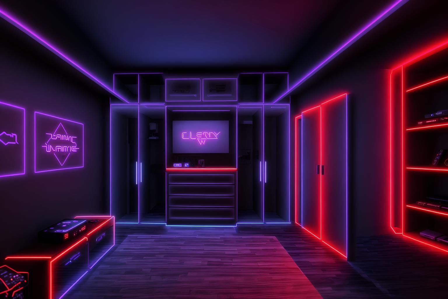 gaming room-style (walk in closet interior) . with neon letters on wall and at night and purple and red lights and speakers and purple, red and blue fade light and multiple displays and dark walls and dark room. . cinematic photo, highly detailed, cinematic lighting, ultra-detailed, ultrarealistic, photorealism, 8k. gaming room interior design style. masterpiece, cinematic light, ultrarealistic+, photorealistic+, 8k, raw photo, realistic, sharp focus on eyes, (symmetrical eyes), (intact eyes), hyperrealistic, highest quality, best quality, , highly detailed, masterpiece, best quality, extremely detailed 8k wallpaper, masterpiece, best quality, ultra-detailed, best shadow, detailed background, detailed face, detailed eyes, high contrast, best illumination, detailed face, dulux, caustic, dynamic angle, detailed glow. dramatic lighting. highly detailed, insanely detailed hair, symmetrical, intricate details, professionally retouched, 8k high definition. strong bokeh. award winning photo.