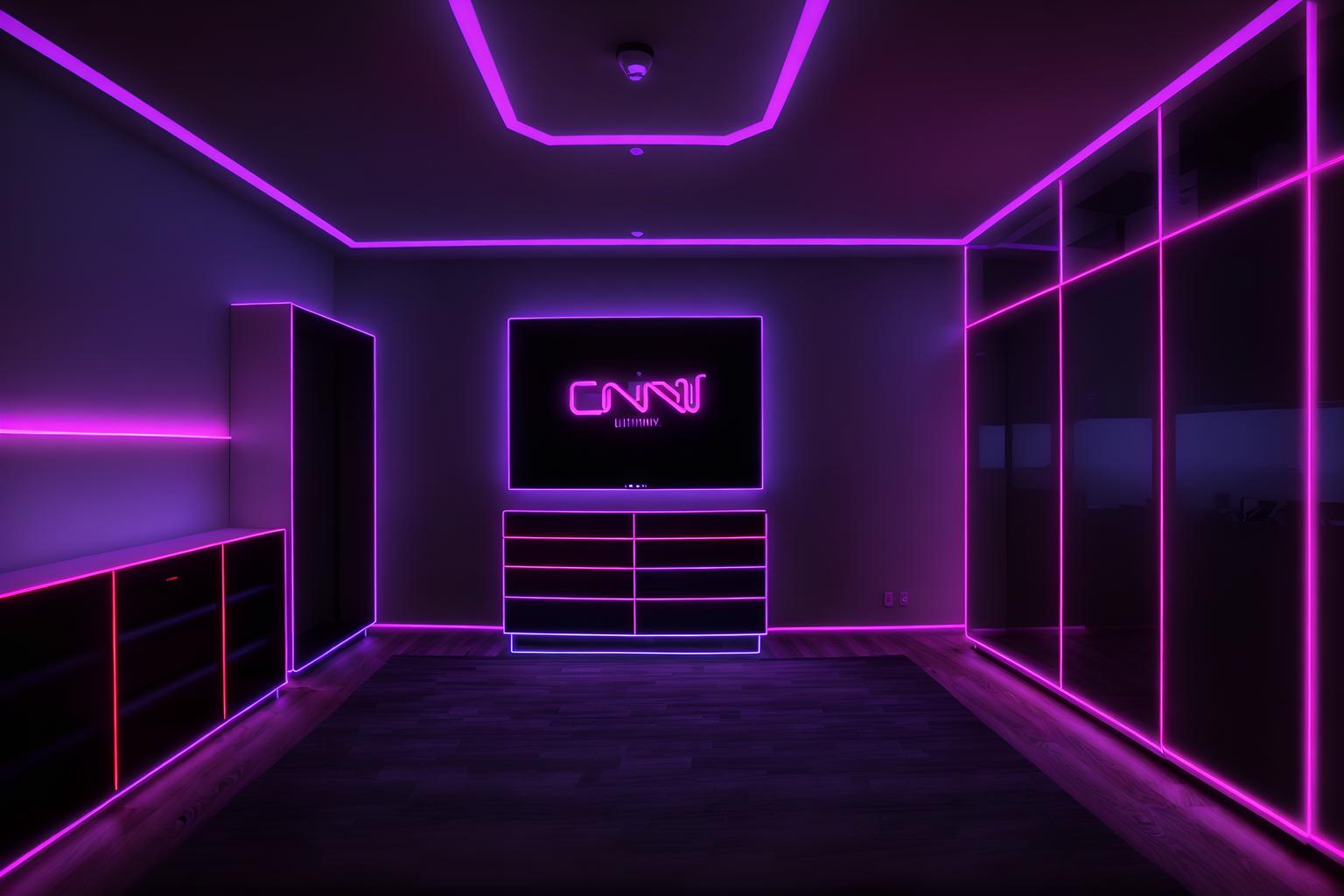 gaming room-style (walk in closet interior) . with neon letters on wall and at night and purple and red lights and speakers and purple, red and blue fade light and multiple displays and dark walls and dark room. . cinematic photo, highly detailed, cinematic lighting, ultra-detailed, ultrarealistic, photorealism, 8k. gaming room interior design style. masterpiece, cinematic light, ultrarealistic+, photorealistic+, 8k, raw photo, realistic, sharp focus on eyes, (symmetrical eyes), (intact eyes), hyperrealistic, highest quality, best quality, , highly detailed, masterpiece, best quality, extremely detailed 8k wallpaper, masterpiece, best quality, ultra-detailed, best shadow, detailed background, detailed face, detailed eyes, high contrast, best illumination, detailed face, dulux, caustic, dynamic angle, detailed glow. dramatic lighting. highly detailed, insanely detailed hair, symmetrical, intricate details, professionally retouched, 8k high definition. strong bokeh. award winning photo.