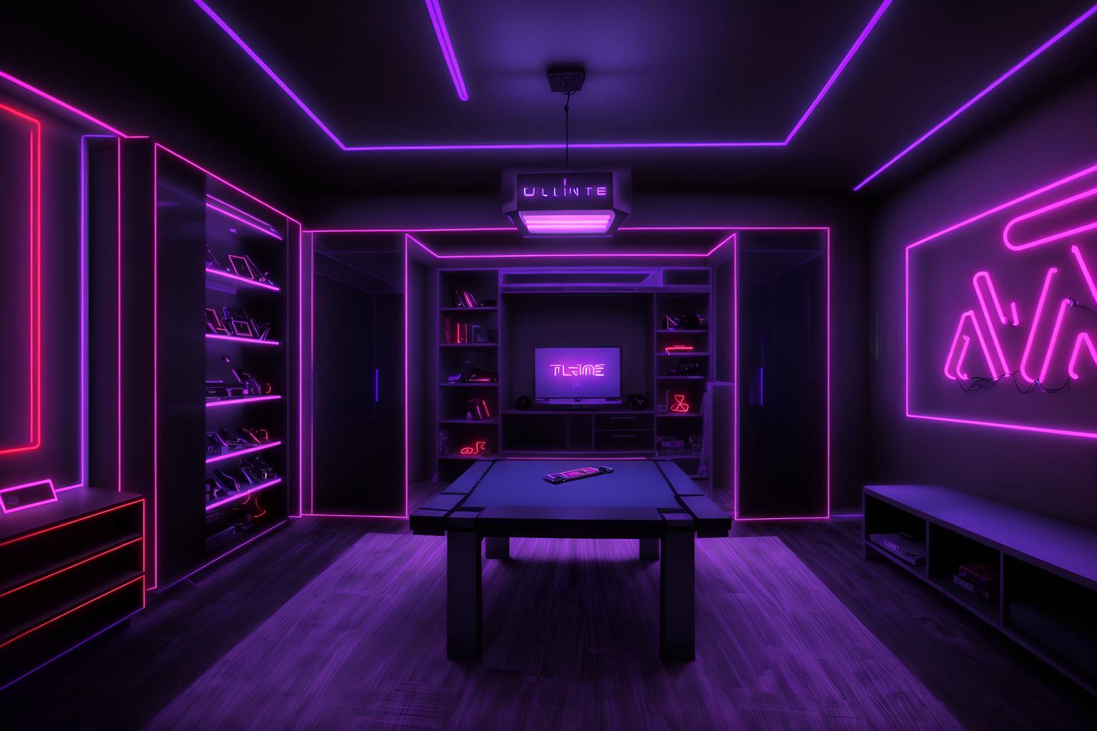 gaming room-style (walk in closet interior) . with neon letters on wall and at night and purple and red lights and speakers and purple, red and blue fade light and multiple displays and dark walls and dark room. . cinematic photo, highly detailed, cinematic lighting, ultra-detailed, ultrarealistic, photorealism, 8k. gaming room interior design style. masterpiece, cinematic light, ultrarealistic+, photorealistic+, 8k, raw photo, realistic, sharp focus on eyes, (symmetrical eyes), (intact eyes), hyperrealistic, highest quality, best quality, , highly detailed, masterpiece, best quality, extremely detailed 8k wallpaper, masterpiece, best quality, ultra-detailed, best shadow, detailed background, detailed face, detailed eyes, high contrast, best illumination, detailed face, dulux, caustic, dynamic angle, detailed glow. dramatic lighting. highly detailed, insanely detailed hair, symmetrical, intricate details, professionally retouched, 8k high definition. strong bokeh. award winning photo.